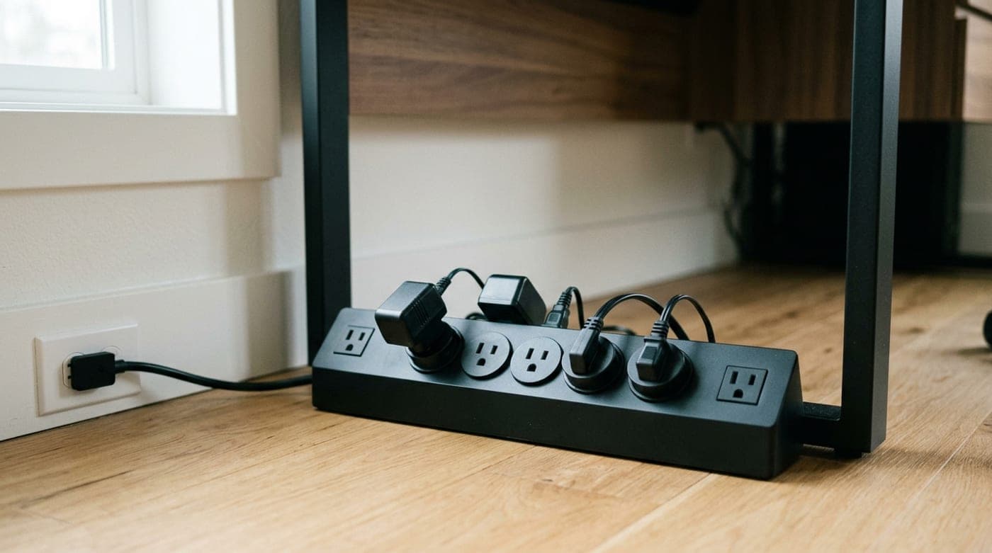 ECHOGEAR VoltSpin black surge protector with a flat plug and six rotating AC outlets, its slim cord routed behind a desk against the wall
