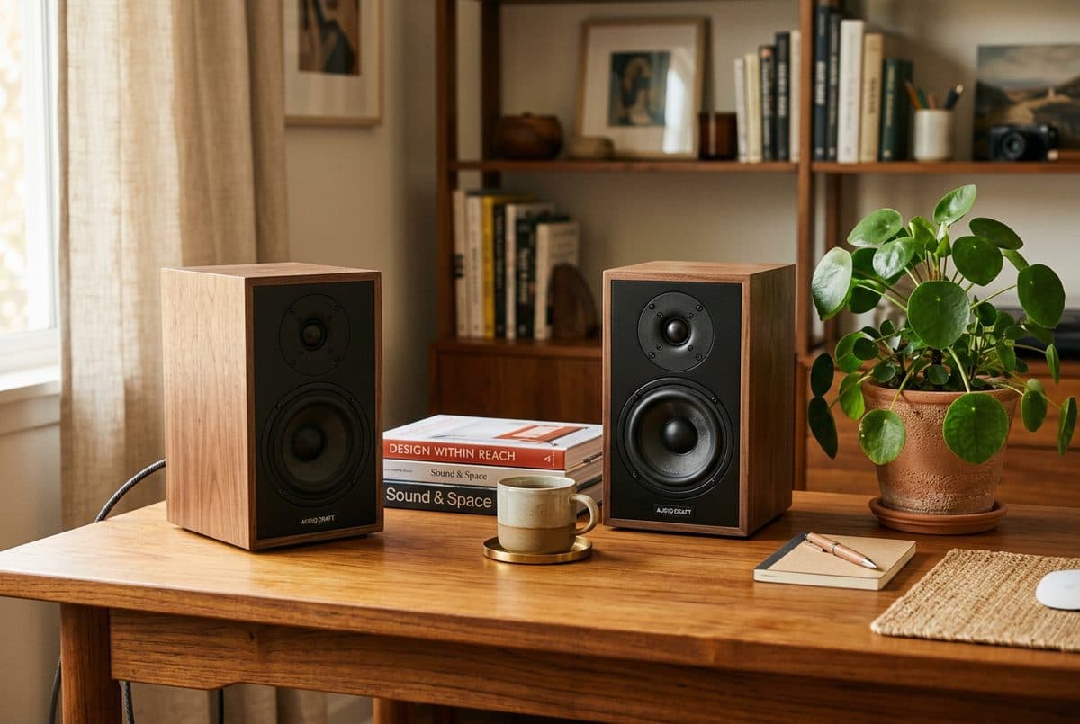 Edifier R1280DB wood-finish bookshelf speakers on a home-office desk beside a dark monitor and a potted plant