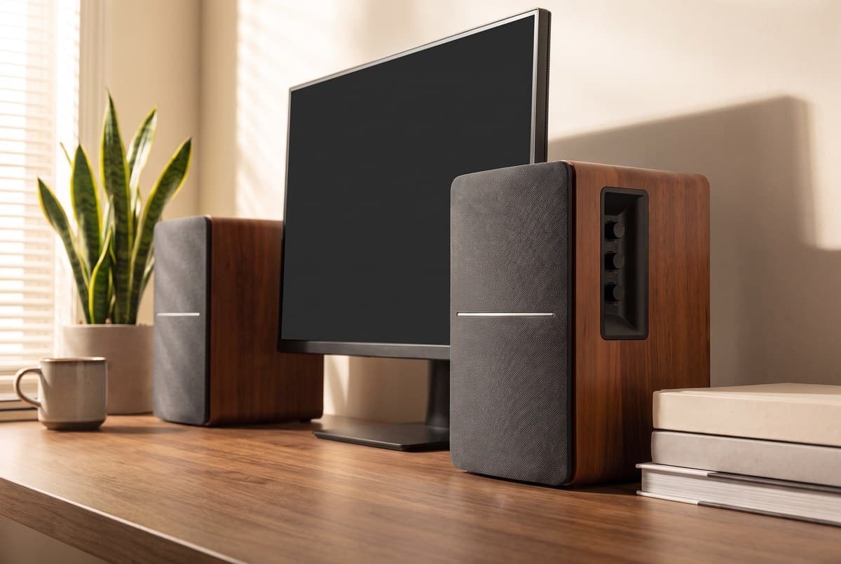 Edifier R1280DB walnut-finish bookshelf speakers with full charcoal fabric grilles and side-mounted control knobs, on a home-office desk beside a dark monitor and a potted snake plant