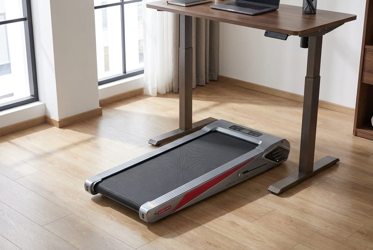 Egofit Walker Pro, a very compact under-desk treadmill with a short deck and a slight built-in incline, tucked under a desk in a small home office