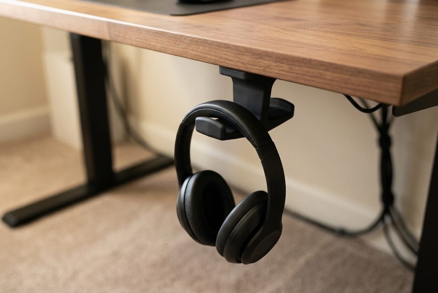 Black silicone Elevation Lab Anchor headphone mount stuck under a walnut desk edge with over-ear headphones hanging from it