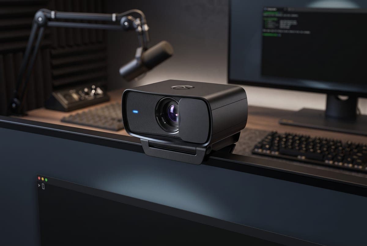 Elgato Facecam MK.2 mounted on a monitor over a creator's desk, its matte-black body with a sliding privacy shutter facing the seat