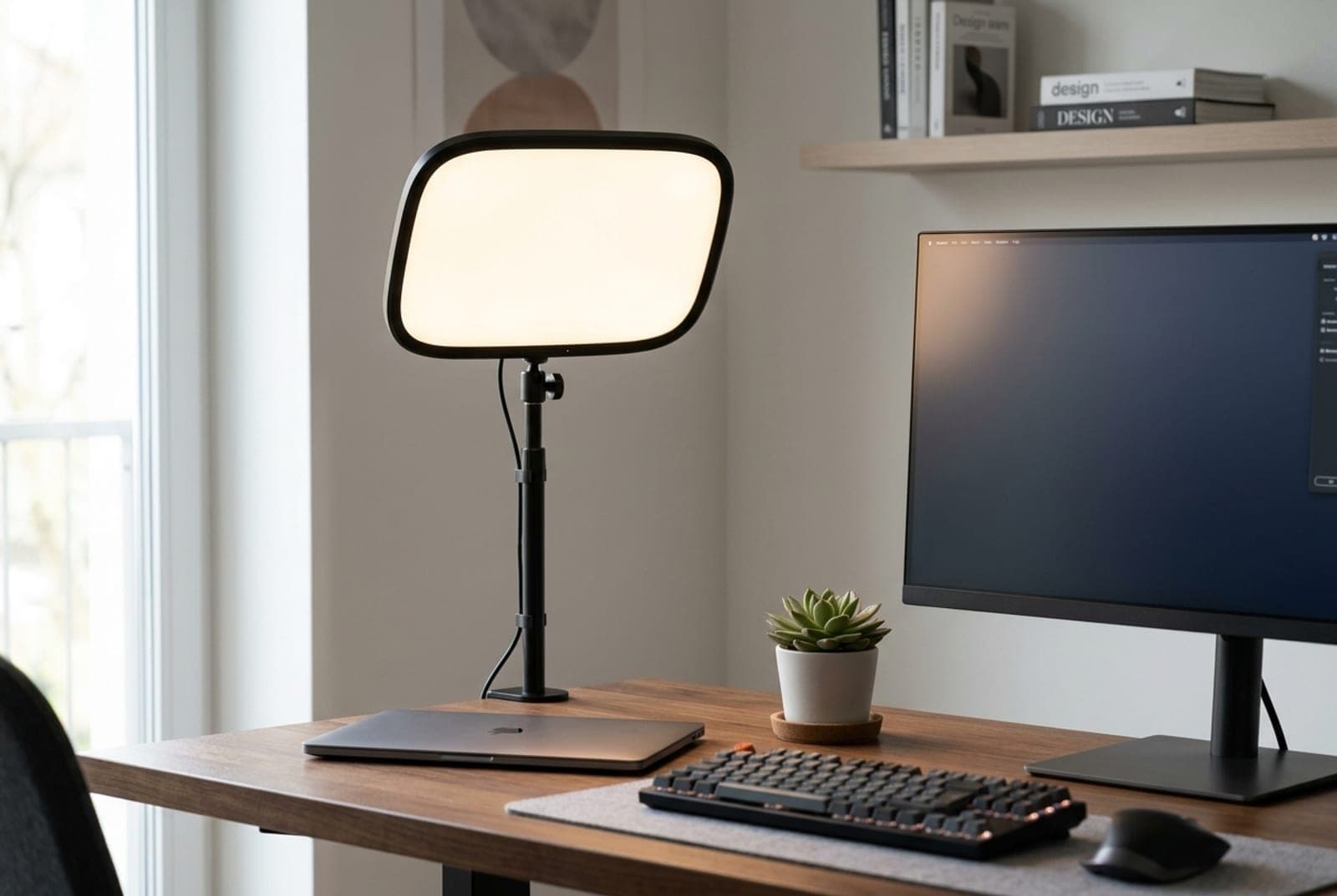 Elgato Key Light Air MK.2 edge-lit panel on a weighted desk stand lighting a home-office setup