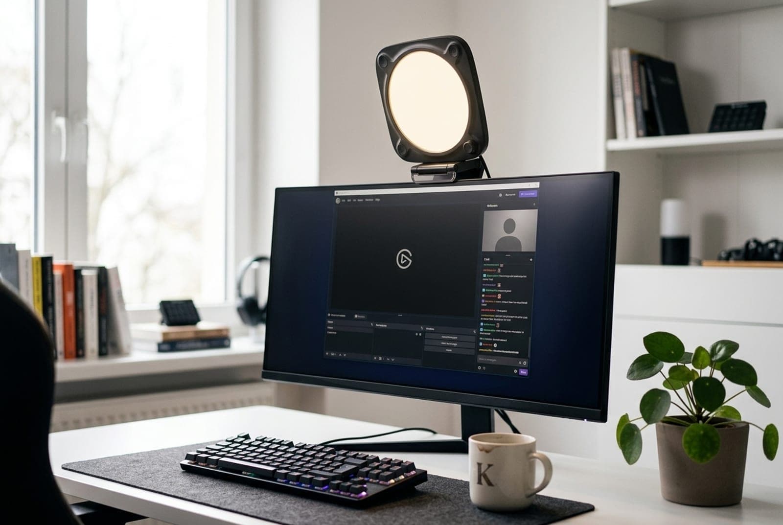 Elgato Key Light Neo compact panel mounted on top of a monitor at a home-office streaming desk