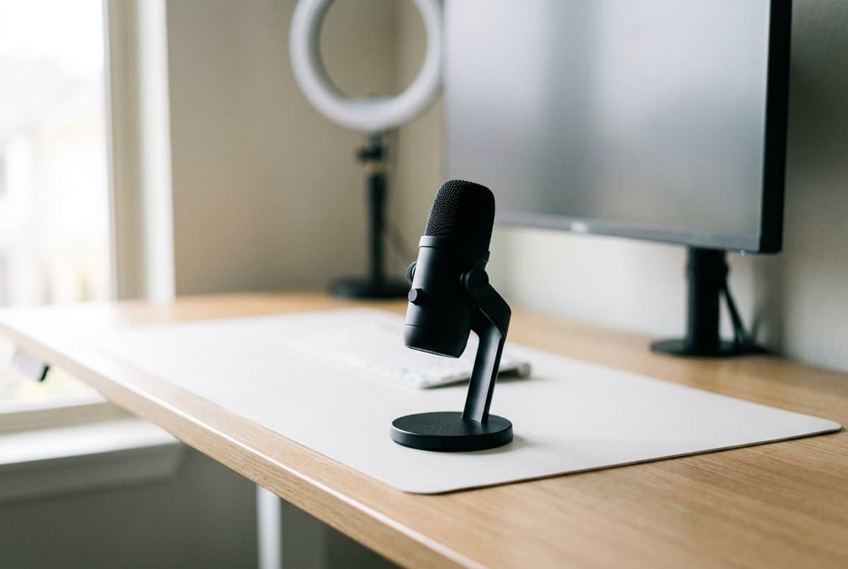 Elgato Wave:3 compact black USB condenser microphone on its stand on a clean white desk mat in a modern home office