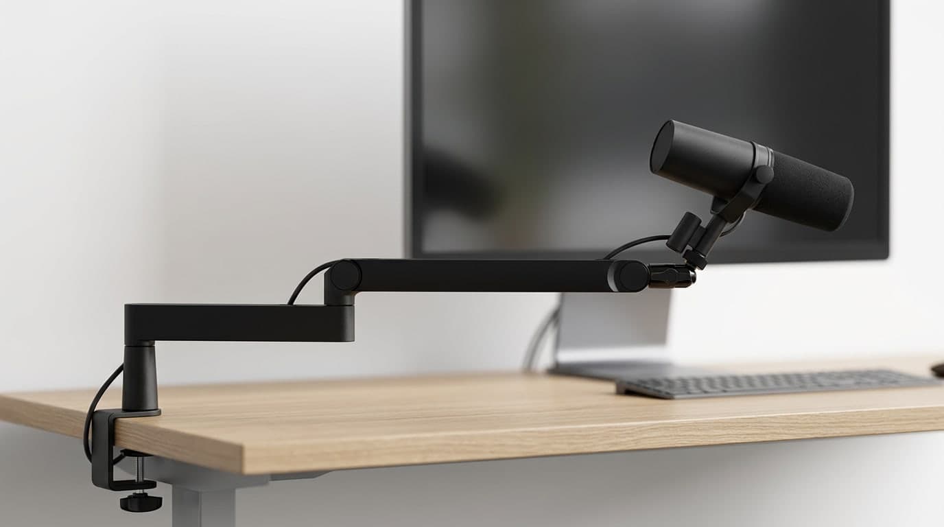 Elgato Wave Mic Arm LP low-profile black boom arm running flat below a monitor holding a microphone on a streaming desk
