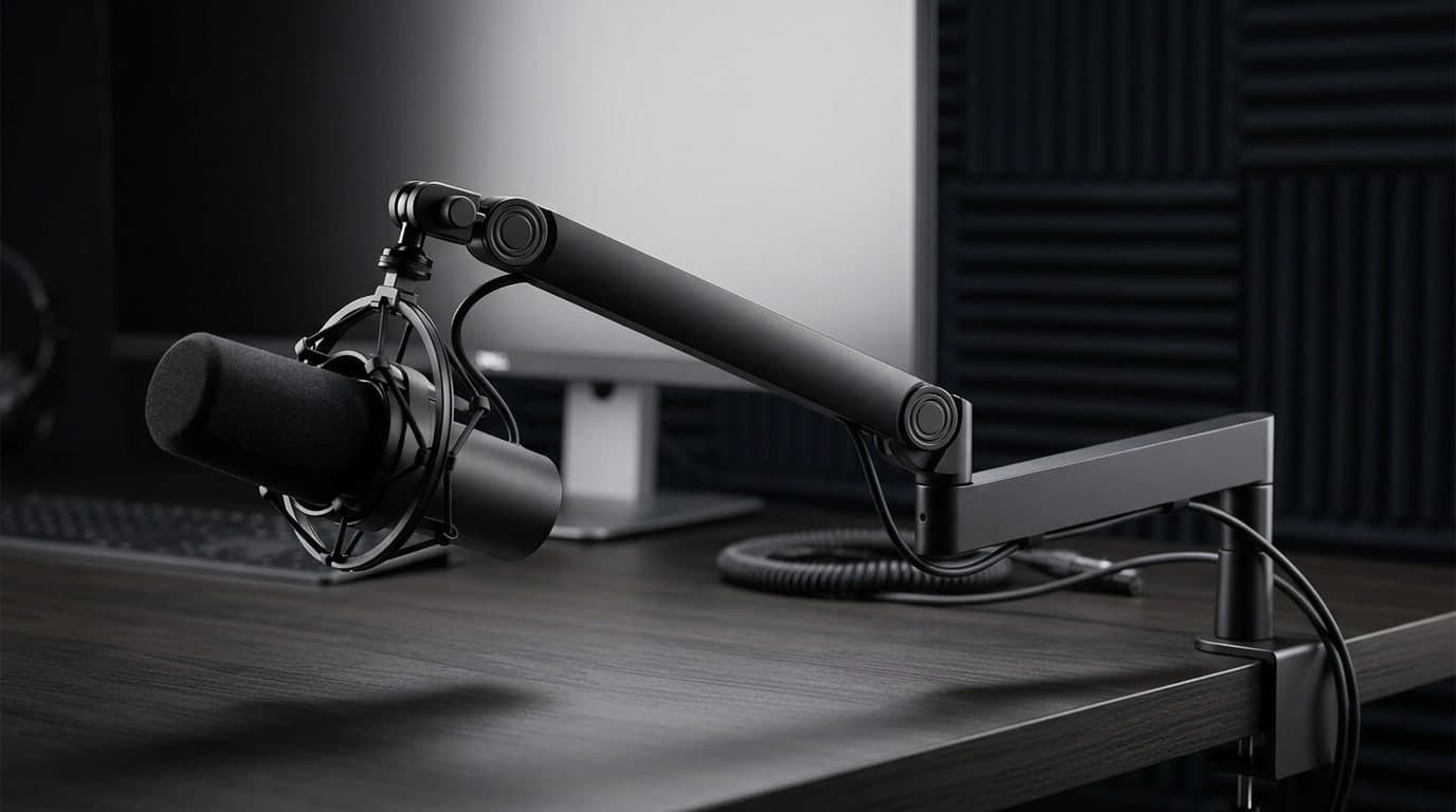 Elgato Wave Mic Arm Pro heavy-duty black boom arm holding a large dynamic microphone in a shockmount above a broadcast desk