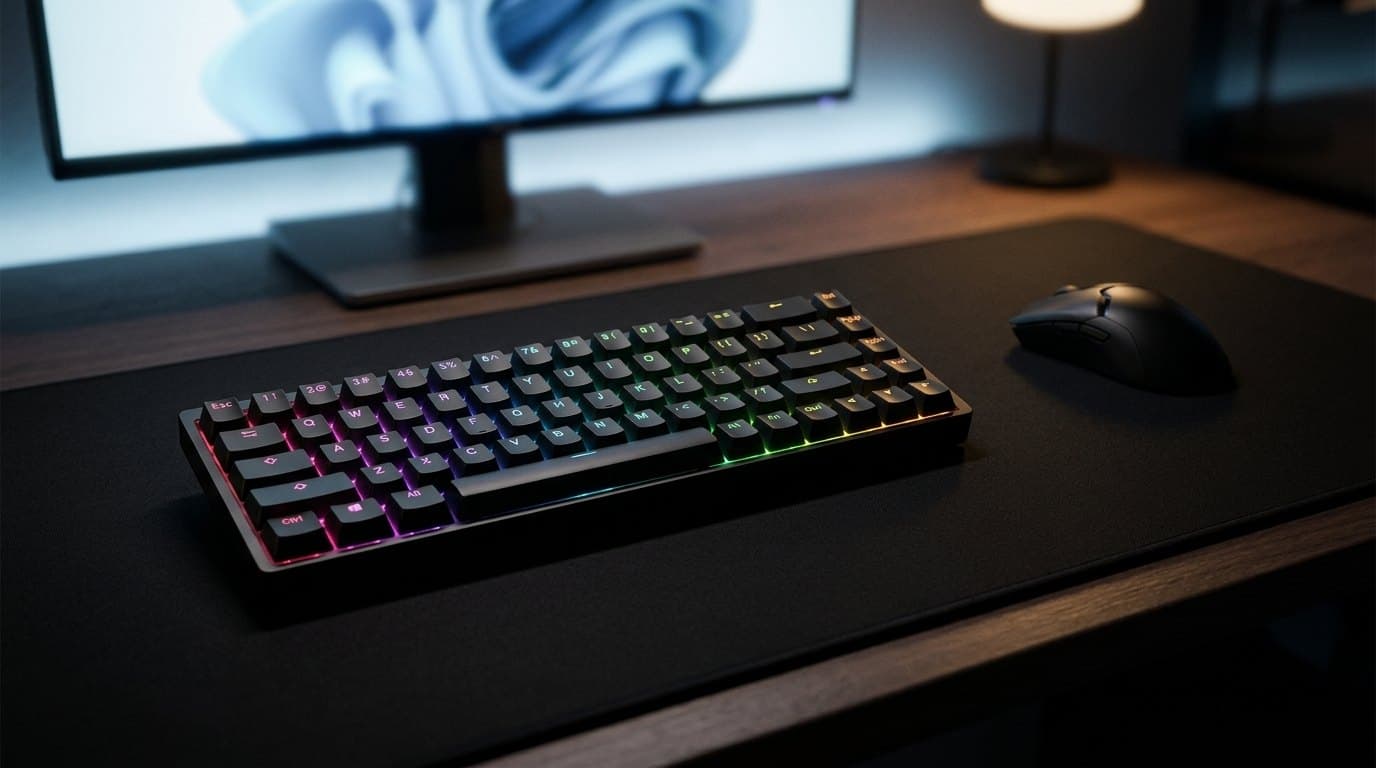 Endgame Gear KB65HE 65 percent aluminium gaming keyboard with rainbow RGB lighting on a large desk mat
