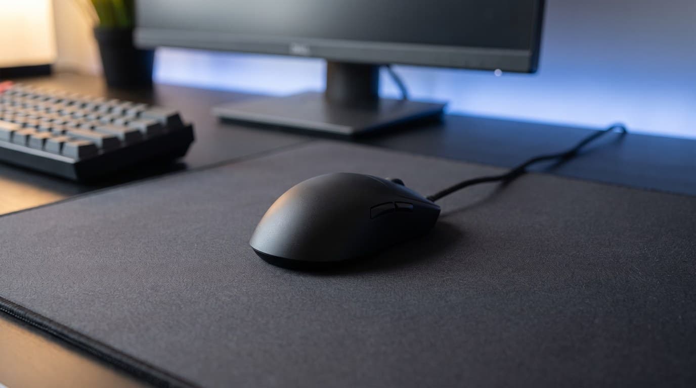 Endgame Gear OP1 8k v2 compact wired gaming mouse in matte black on a dark grey cloth desk mat, its thin flexible cable running back toward a softly glowing monitor