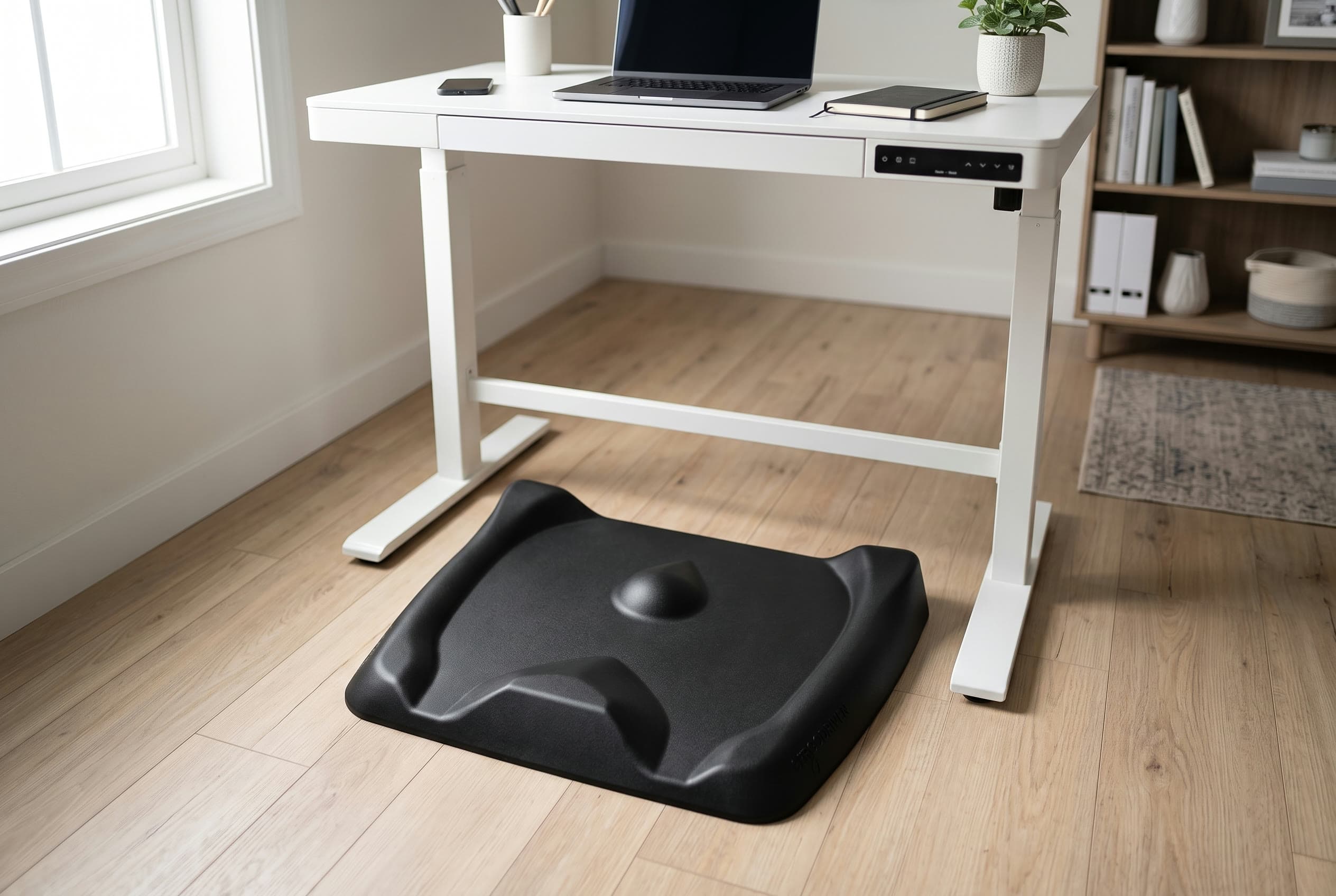Ergodriven Topo Mini, a smaller sculpted-terrain anti-fatigue mat, on the floor beneath a compact standing desk in a small home office