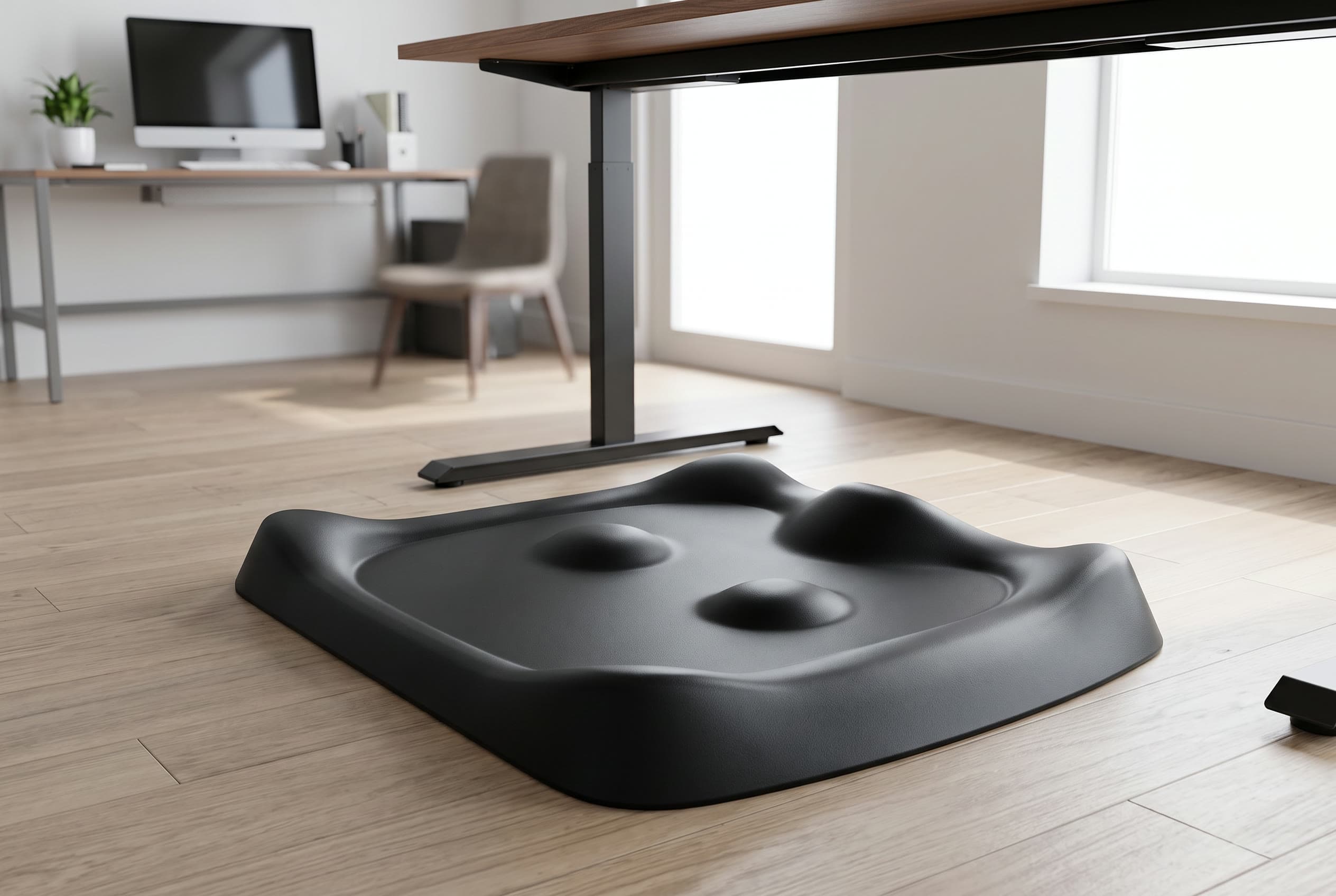 Ergodriven Topo anti-fatigue mat with its distinctive sculpted terrain — raised edges, mounds and a central pothole — on the floor beneath a standing desk in a home office
