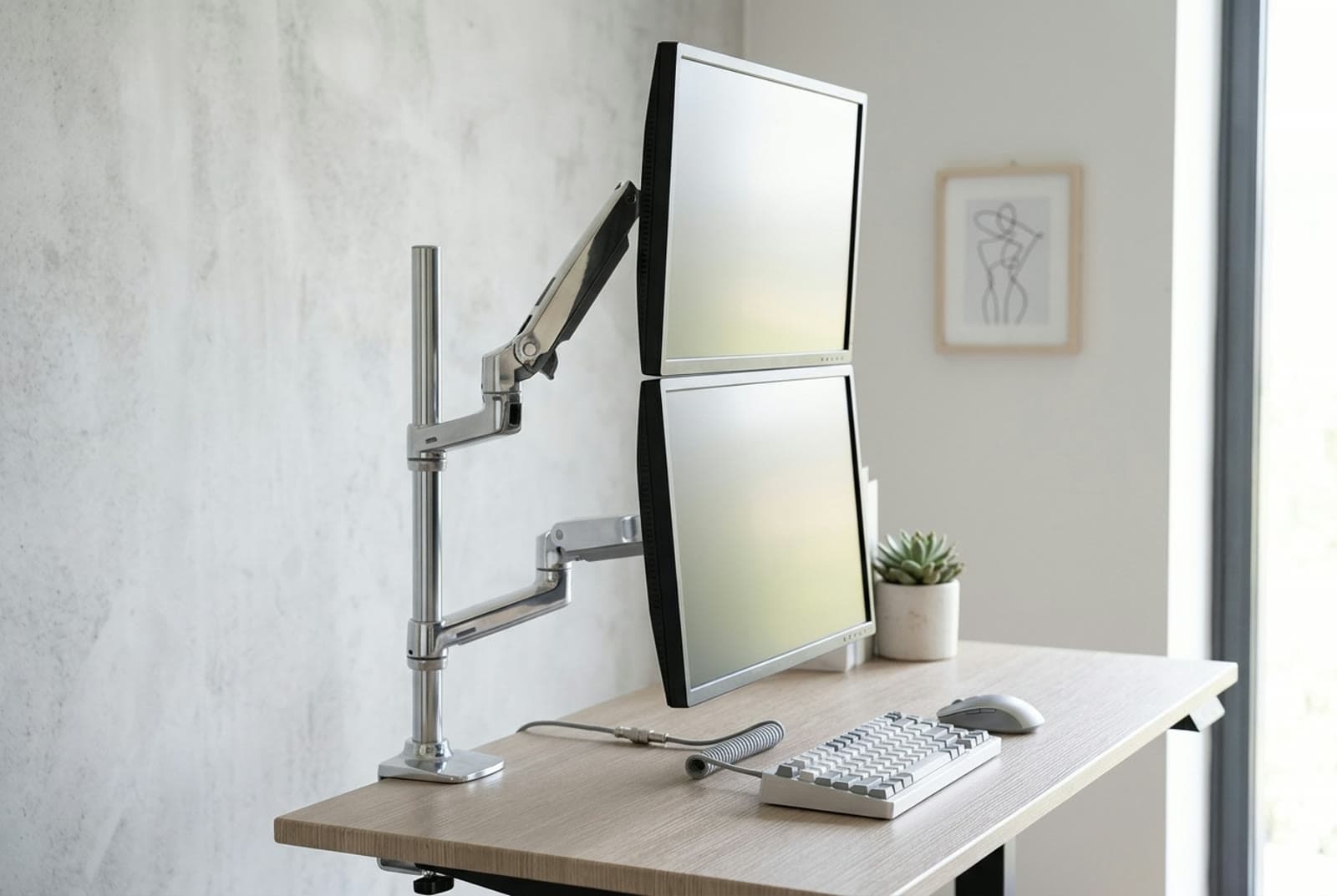 Ergotron LX Dual Stacking arm in polished aluminium holding one monitor above another on a tall pole