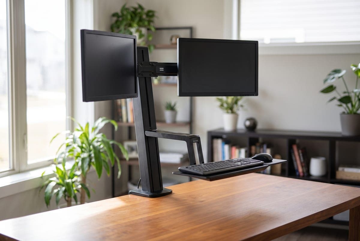 Ergotron WorkFit-S dual-monitor sit-stand workstation clamped to a desk edge with two monitors floating on a VESA arm above a keyboard tray