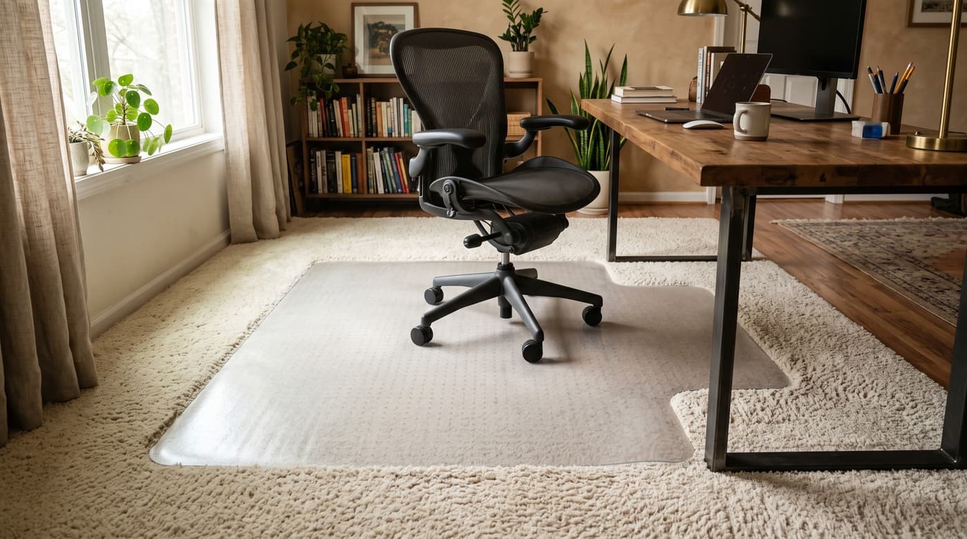Large clear lipped vinyl chair mat lying flat on thick cream plush carpet beneath a desk and mesh office chair, the mat's tongue reaching under the desk