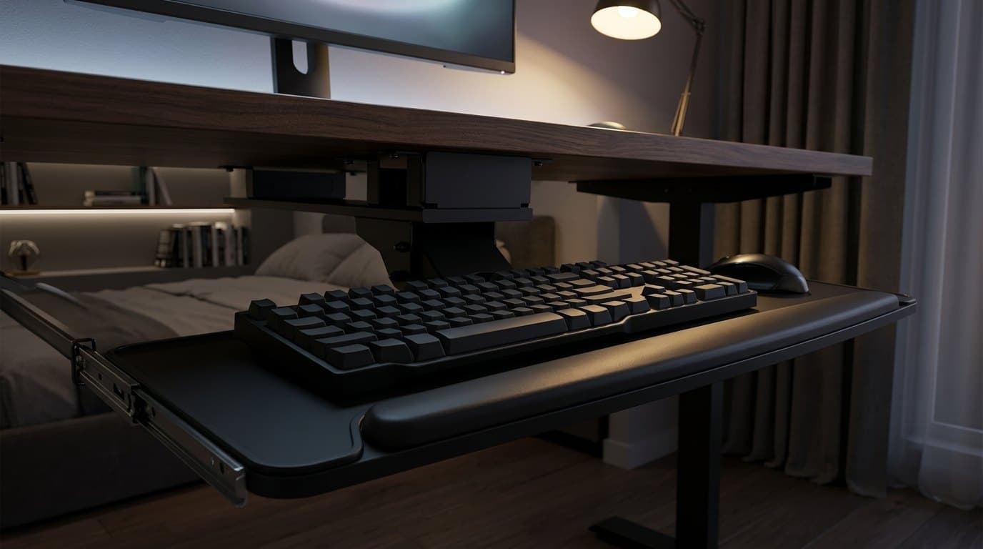 Eureka Ergonomic wide black under-desk keyboard tray with full-width wrist rest and drop-down mounting bracket, installed beneath a dark walnut standing desk