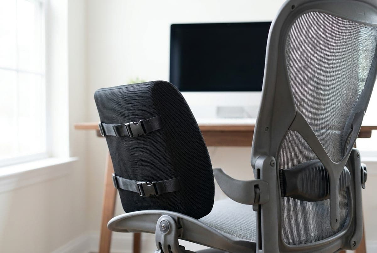 Everlasting Comfort contoured memory foam lumbar cushion strapped to a mesh-back office chair