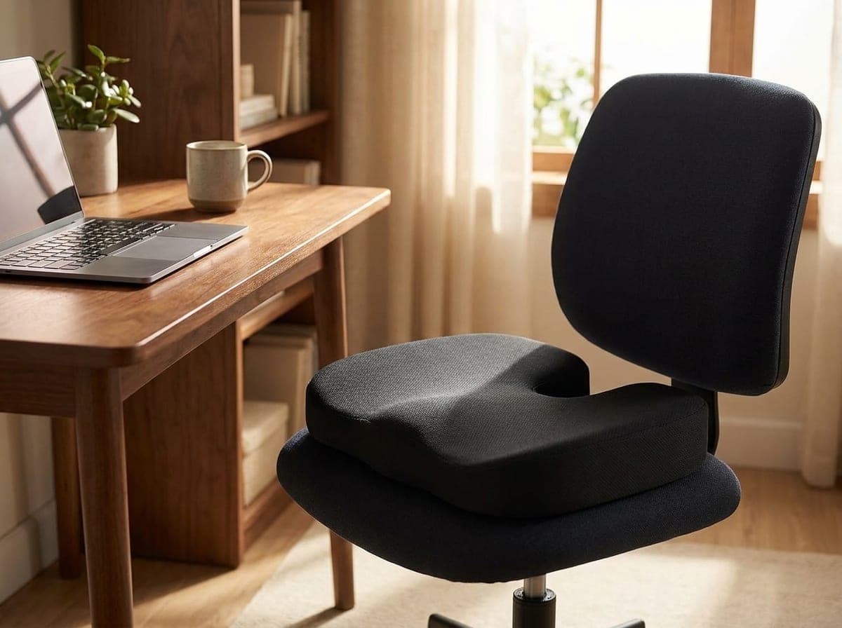 Everlasting Comfort black memory foam seat cushion with a rear coccyx cutout resting on an office chair beside a desk