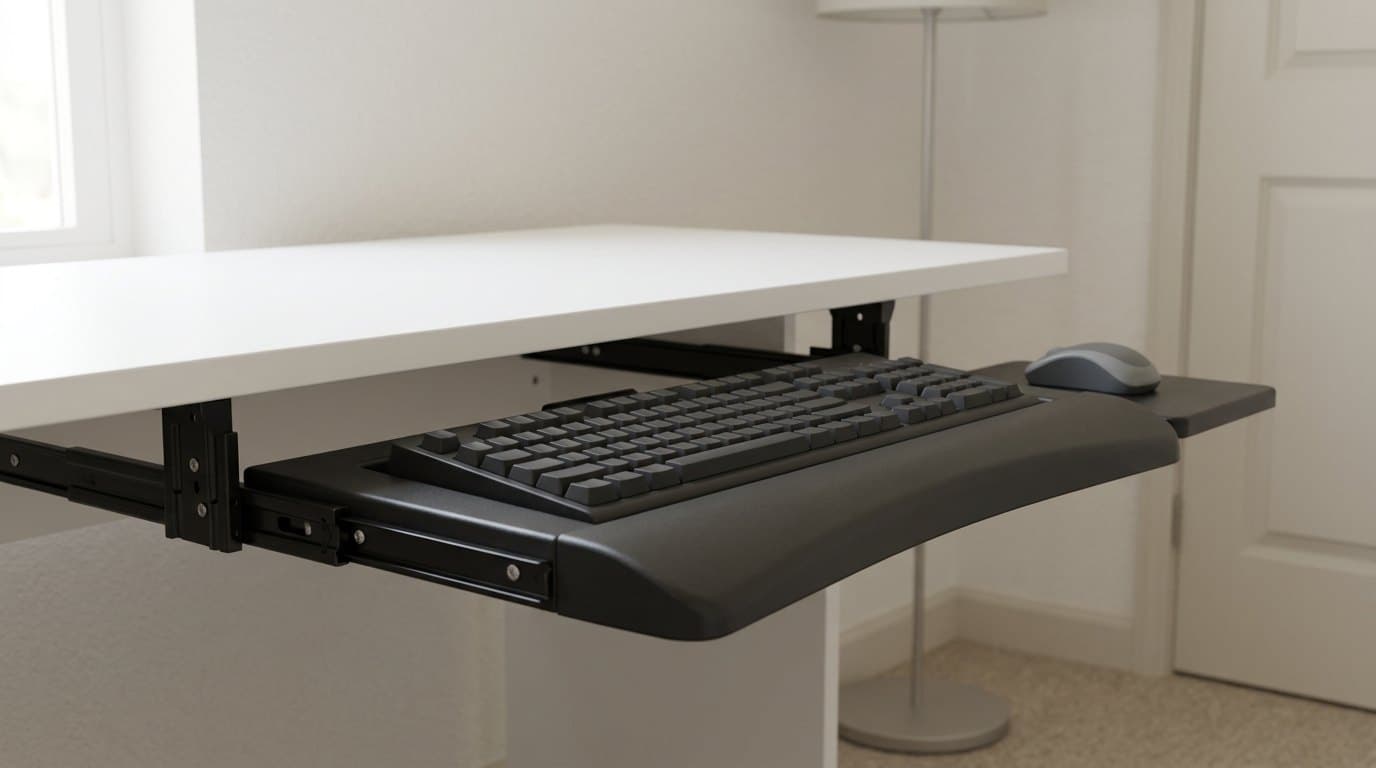 Fellowes Office Suites black under-desk keyboard drawer with a separate side mouse platform on ball-bearing rails beneath a plain white desk