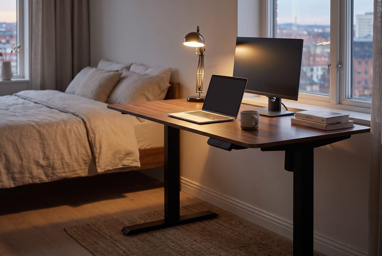 FEZIBO dual-motor standing desk with a dark walnut top and black frame set up beside a bed at dusk, holding a laptop and a single monitor