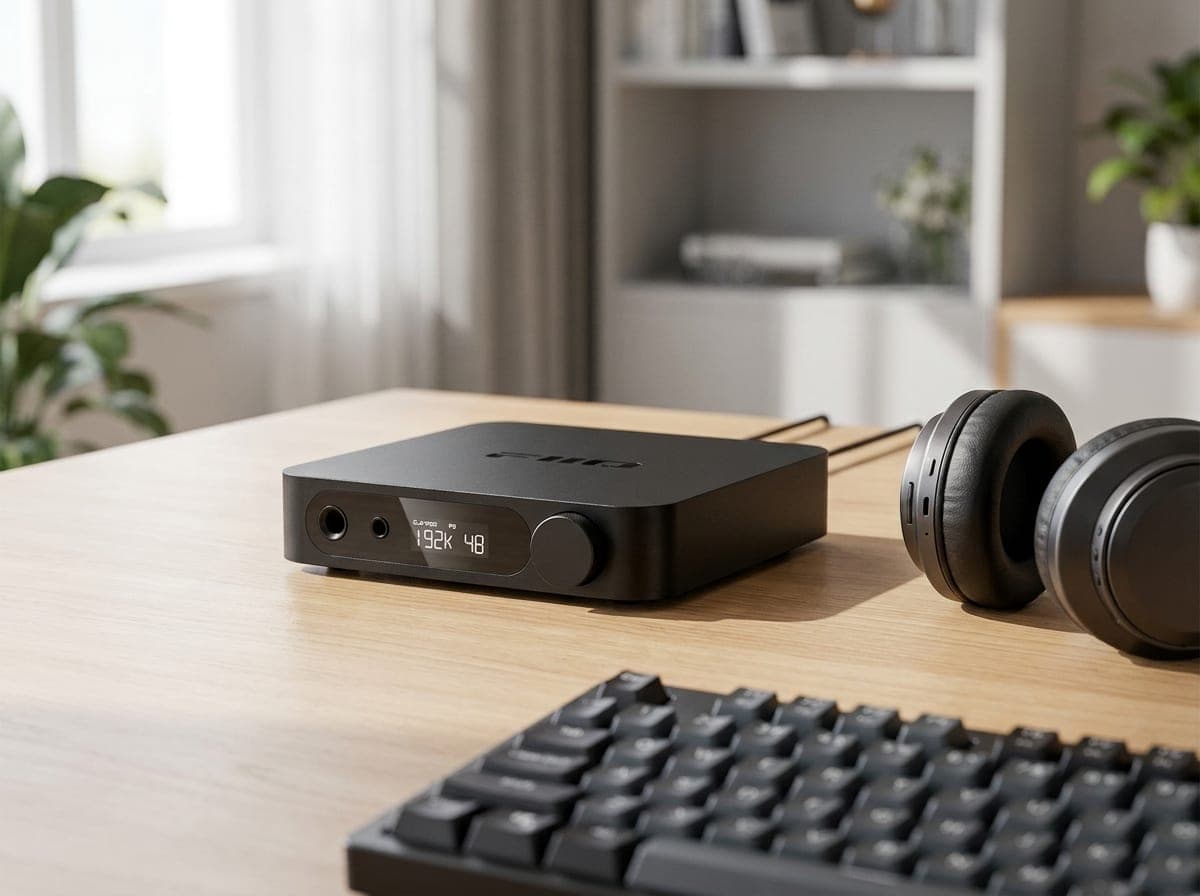 FiiO K11 desktop DAC and headphone amplifier with a large volume knob and front display on a tidy home-office desk