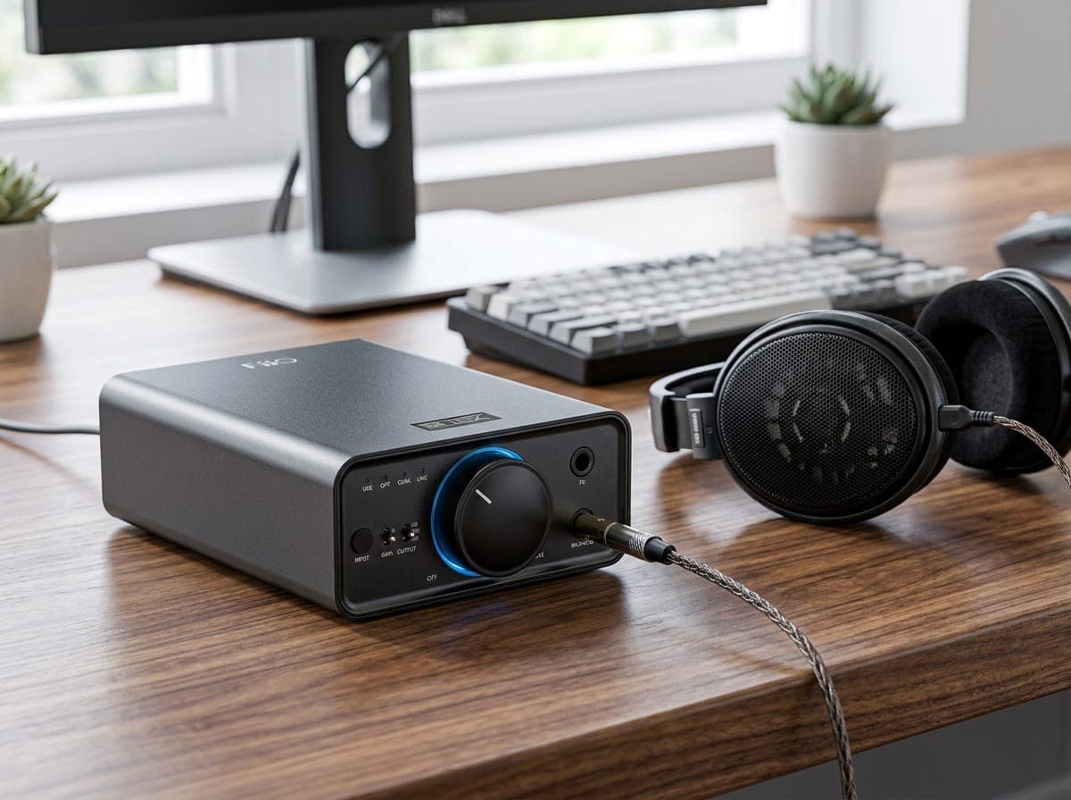 FiiO K7 desktop DAC and headphone amplifier with dual gain and balanced outputs beside open-back headphones on a wood desk
