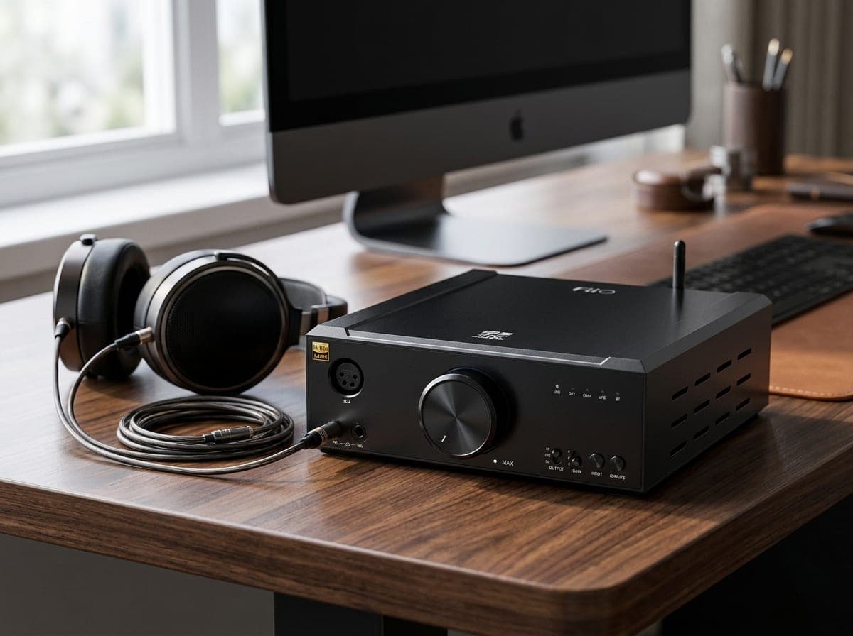 FiiO K9 large desktop DAC and headphone amplifier with XLR, 4.4mm, and 6.35mm outputs on a premium home-office desk