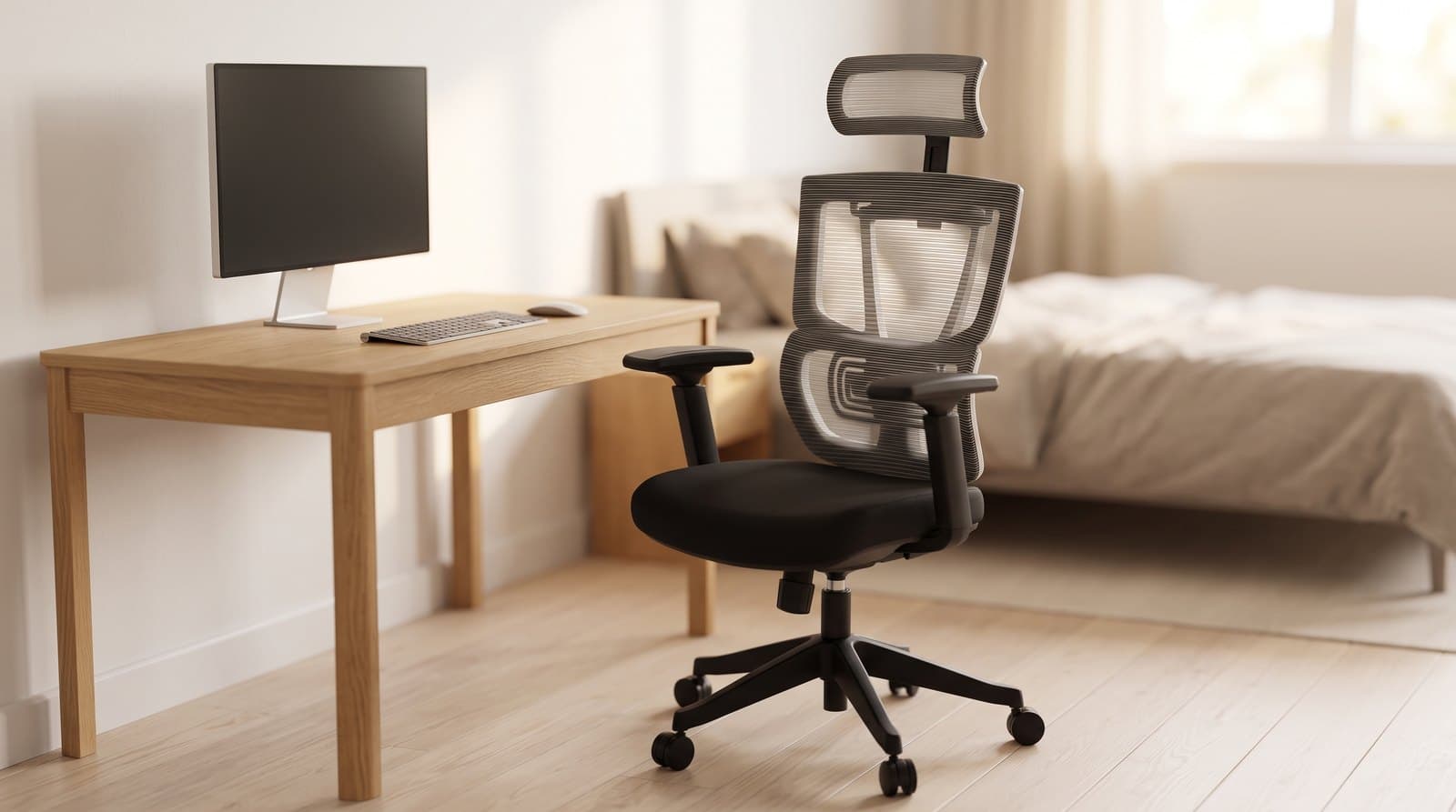 FlexiSpot C7 ergonomic chair with a grey striped mesh back, adjustable headrest, black foam seat, black 4D armrests and a black five-star base in a home office