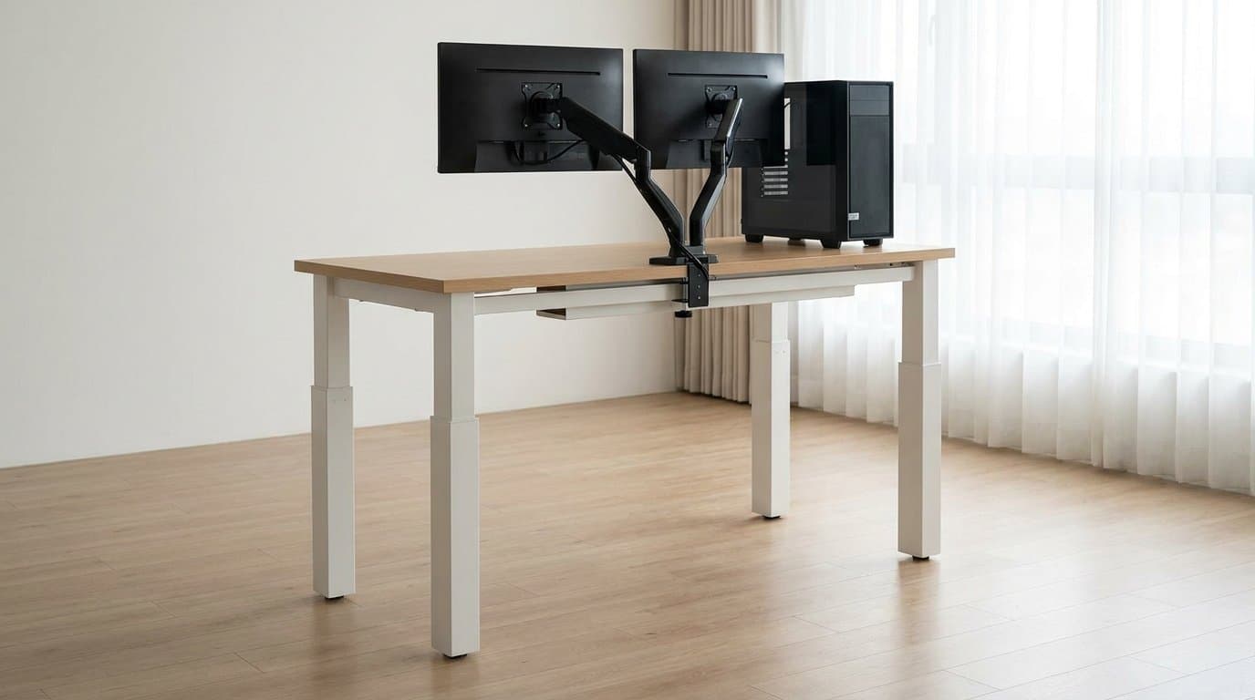 FlexiSpot E7 Plus four-leg standing desk with a light wood top and white frame in a home office, holding two monitors on a dual arm and a desktop tower on the surface