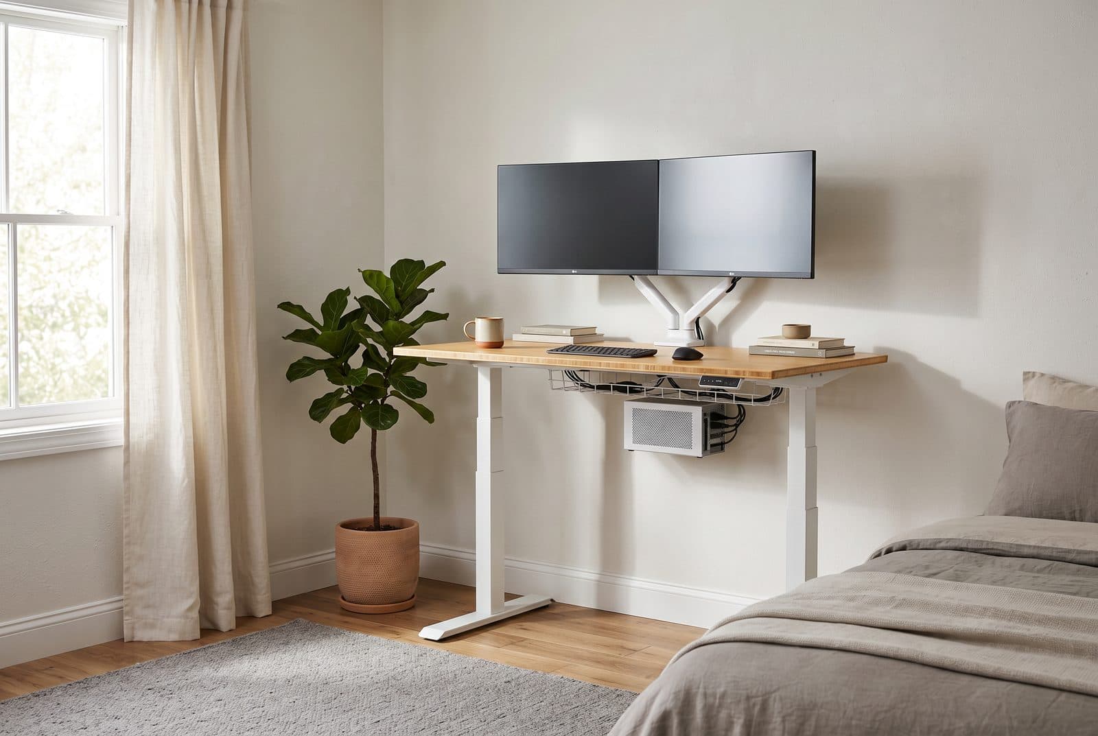 FlexiSpot E7 standing desk with a bamboo top and white dual-motor frame raised to standing height in a bright bedroom office, with two monitors on an arm and an under-desk cable tray
