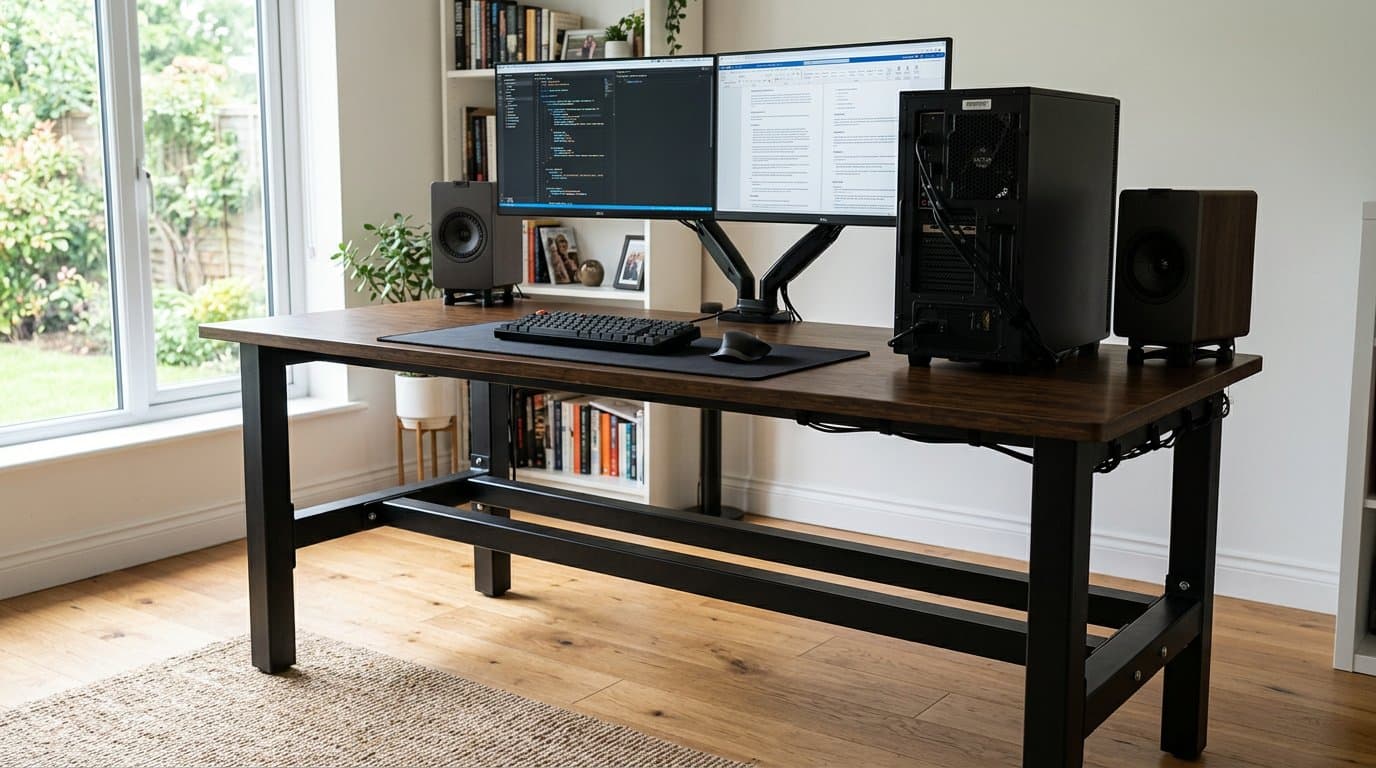 FlexiSpot E7Q Odin four-leg standing desk with a dark bamboo top and black carbon-steel frame raised to standing height in a home office, holding two large monitors on an arm and a desktop tower