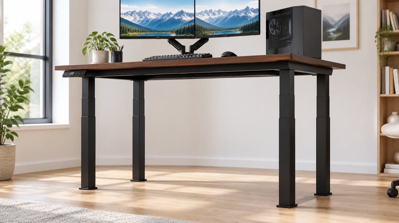 FlexiSpot E7Q Odin four-leg standing desk with a dark bamboo top and four black three-stage telescoping columns raised to standing height in a home office, holding two monitors on an arm and a desktop tower, with no bracing between the legs