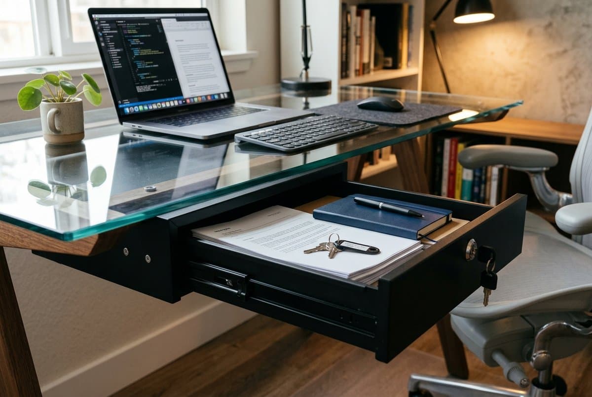 FlexiSpot S01 black steel lockable desk drawer screw-mounted under a solid wood standing desk in a modern home office workspace