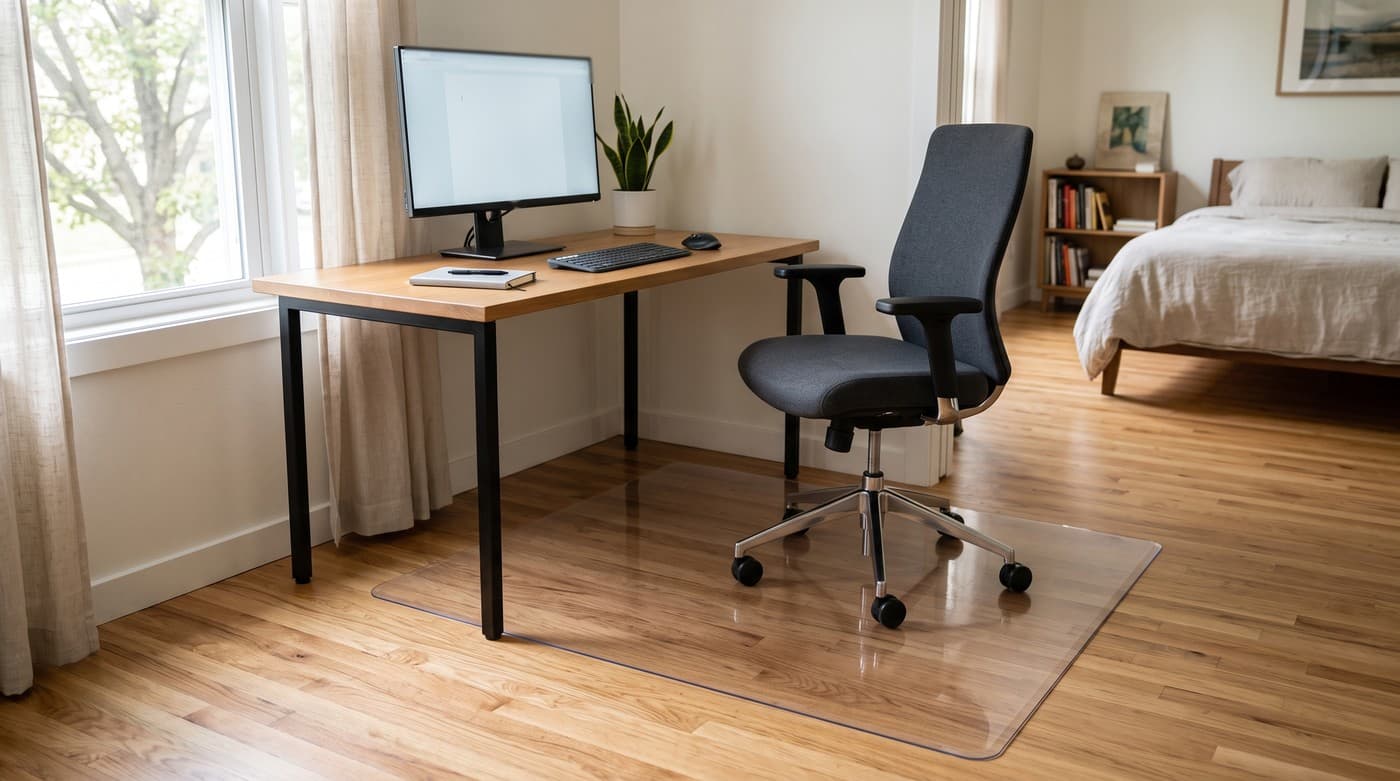 Crystal-clear smooth-backed polycarbonate chair mat lying flat on a hardwood floor beneath a desk and rolling office chair in a bright home office