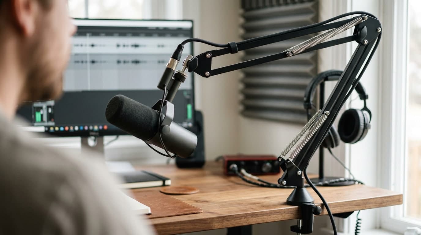 Gator Frameworks Deluxe black desk-clamp microphone boom arm holding a large broadcast dynamic mic on a home studio desk