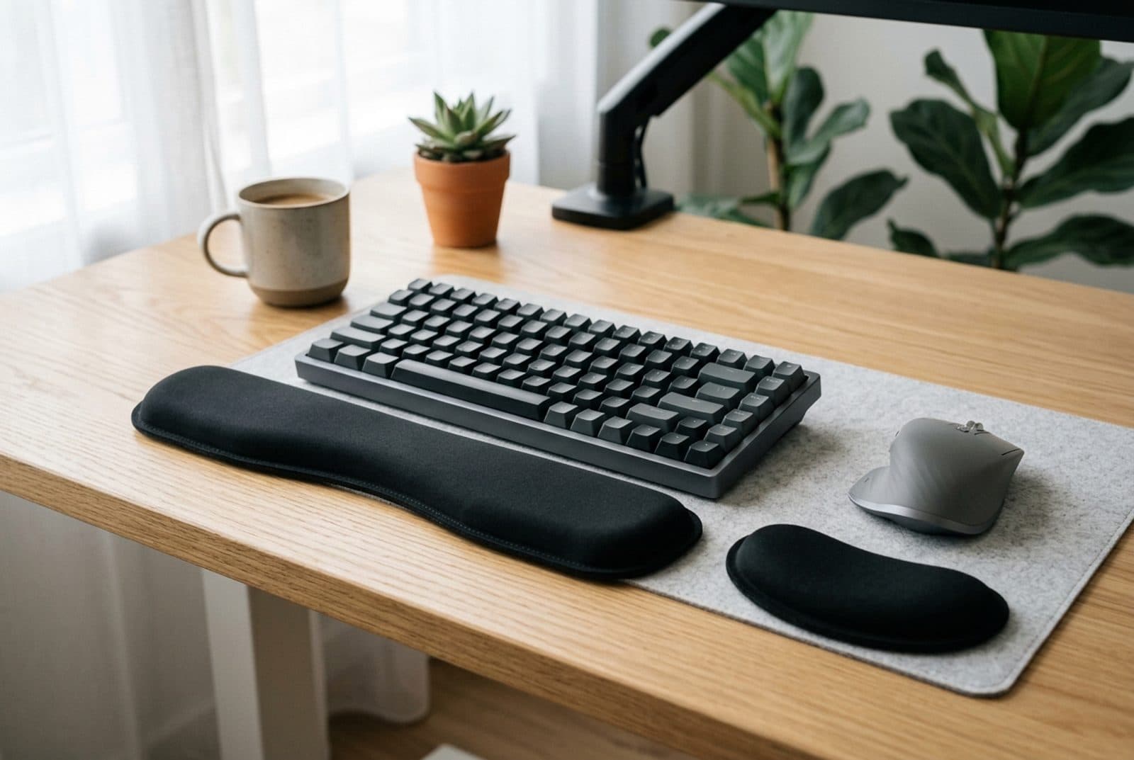 Gimars memory foam wrist rest set — a long keyboard rest and a small mouse wrist pad in black — arranged in front of a keyboard and mouse on a desk