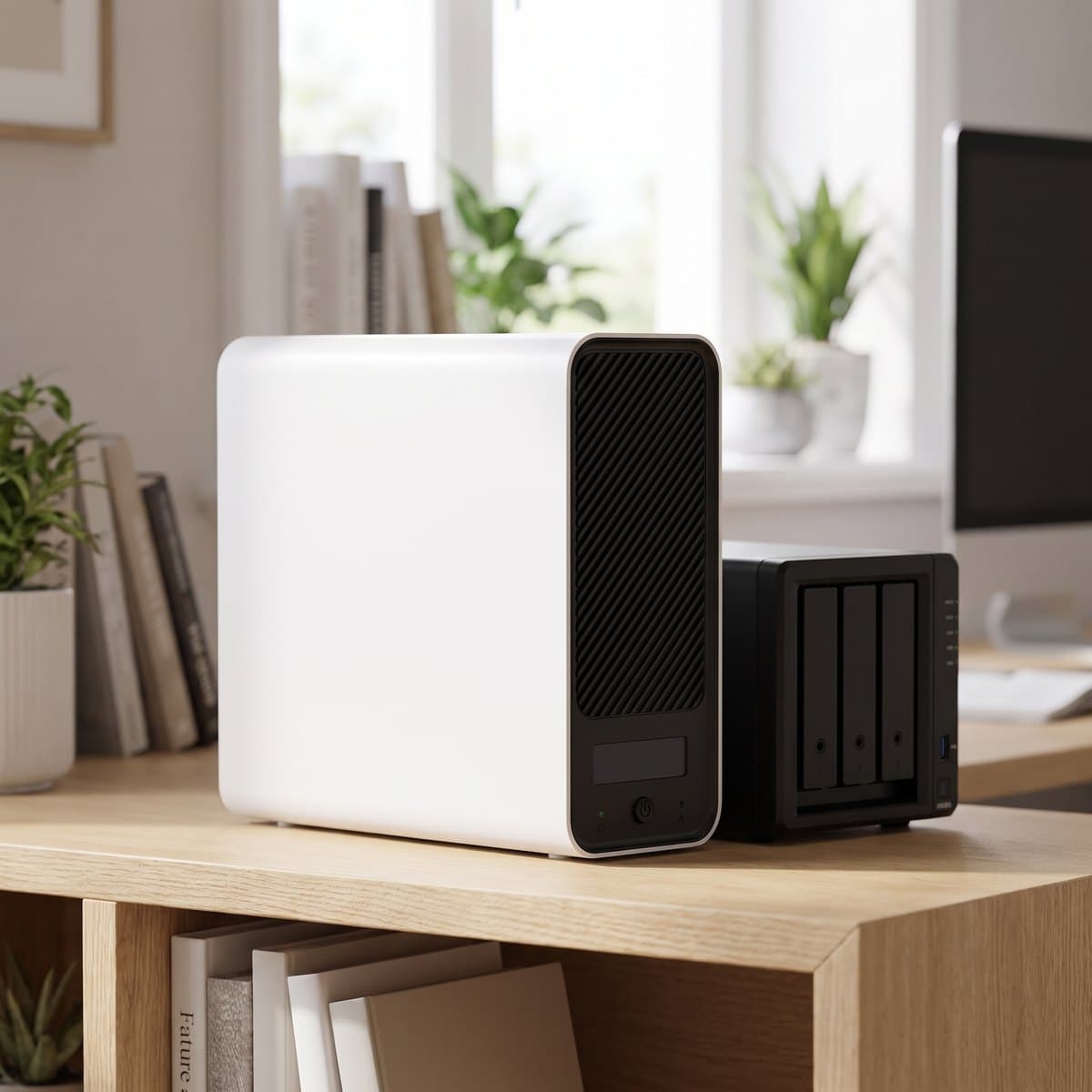 GOLDENMATE white lithium UPS with a black ribbed vent panel, small status display and power button, standing on a desk shelf beside a black NAS enclosure in a home office