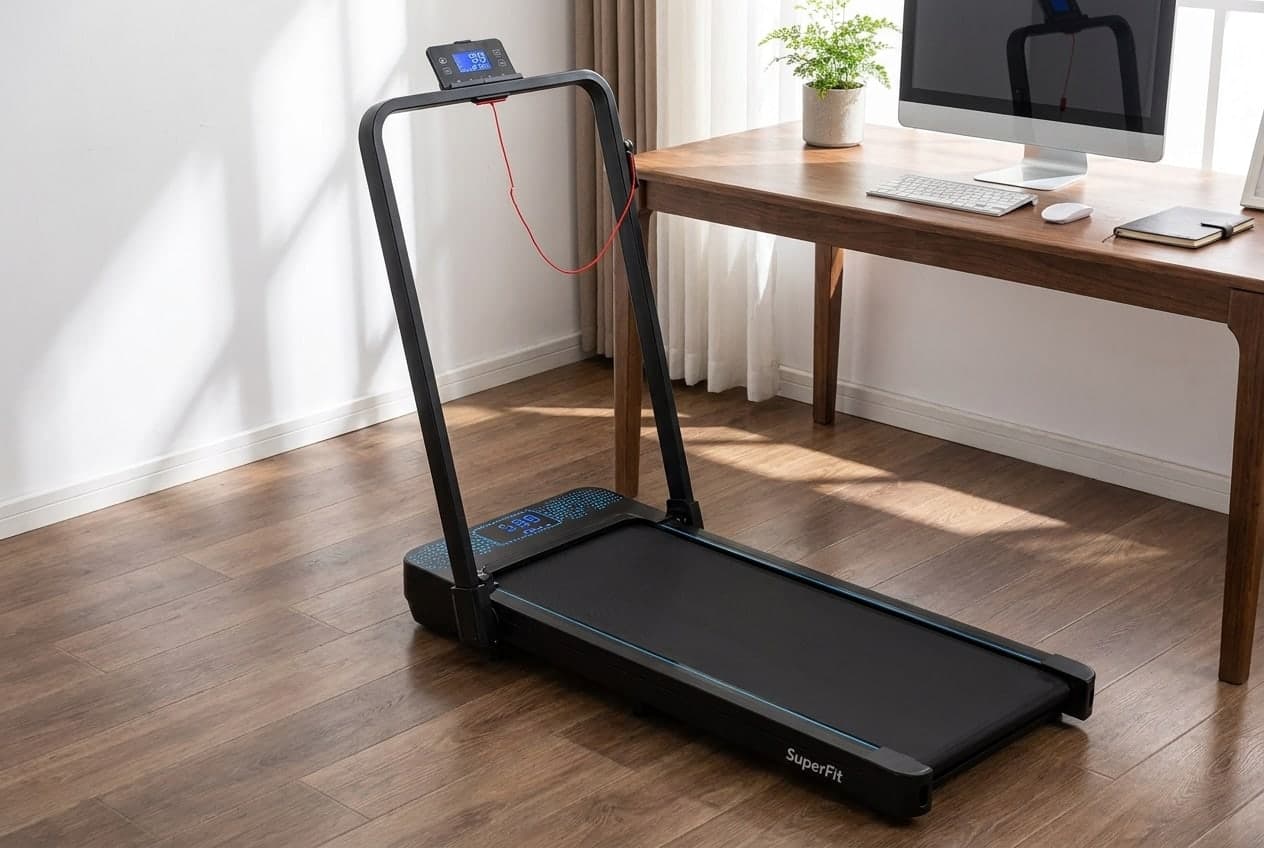 Goplus 2-in-1 folding treadmill with its upright handrail raised, standing beside a desk in a home office, showing the LED console on the handlebar