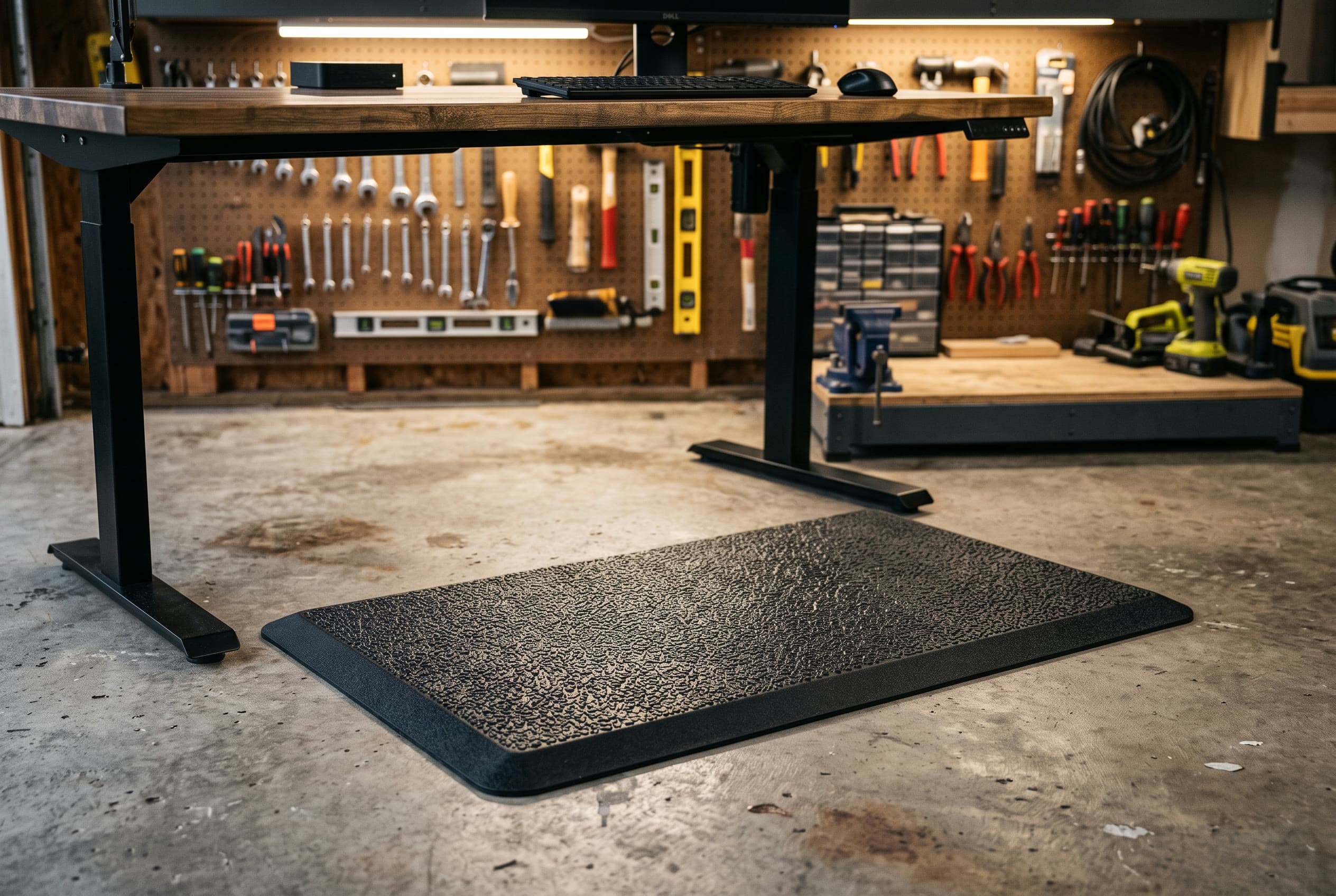 Gorilla Grip anti-fatigue mat with a textured pebbled black surface on the floor beneath a standing desk in a garage-style home workspace