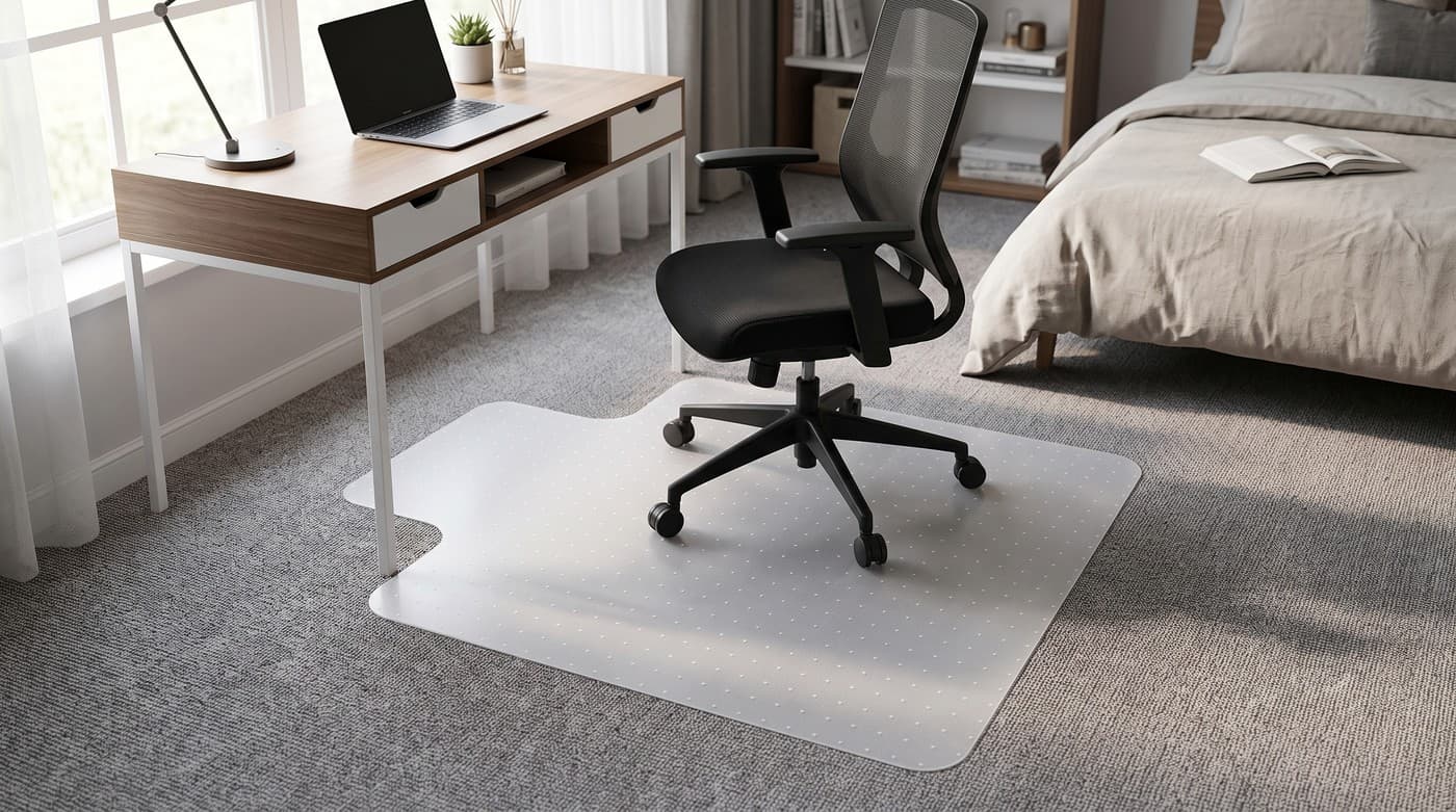 Semi-transparent studded plastic chair mat on low-pile carpet under a desk chair in a small home office, with the chair casters rolling across it