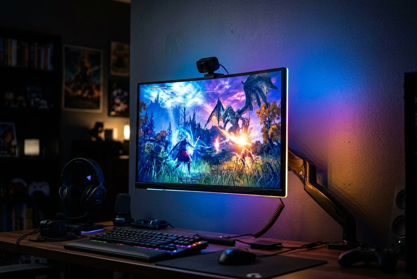 Govee DreamView G1 monitor backlight with a small camera clipped to the top bezel and RGBIC strip behind the screen glowing colors that match a game on the monitor
