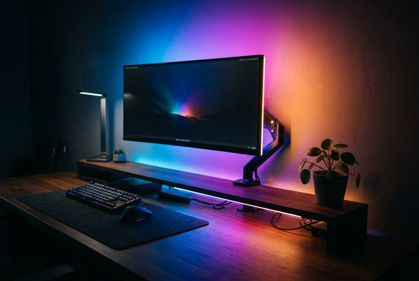 Govee RGBIC LED strip mounted behind a monitor casting a multi-color gradient onto the wall of a dark home-office desk setup