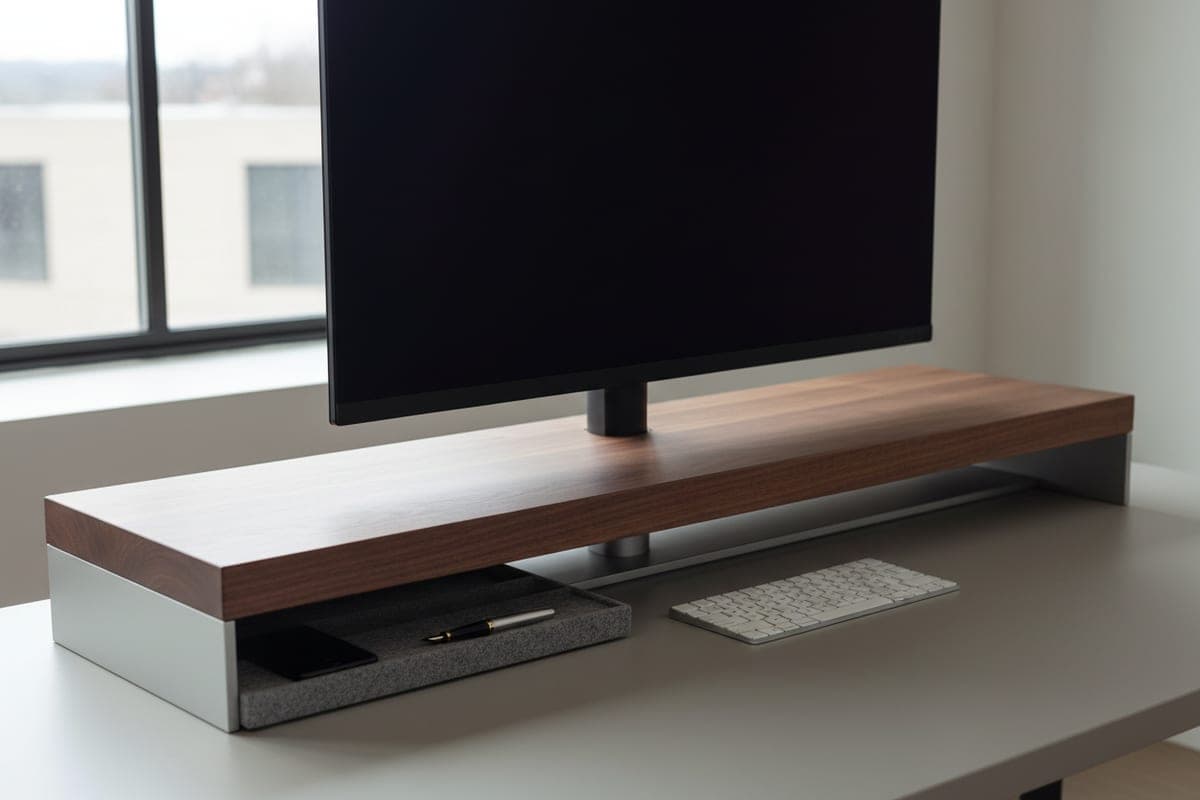 Grovemade walnut desk shelf raising a monitor above a keyboard, with a merino wool felt organizer tray, on a clean home-office desk
