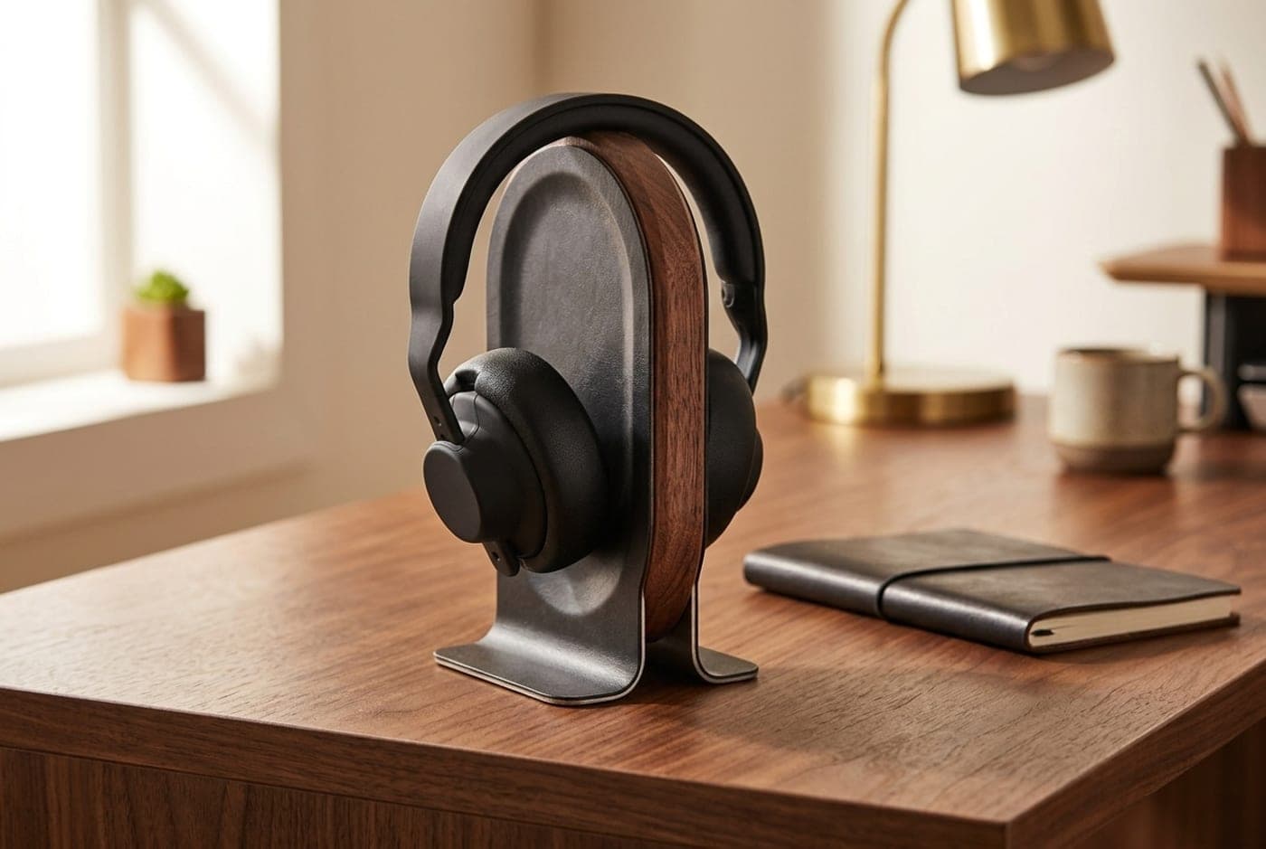 Grovemade headphone stand — a scooped oval body in walnut wrapped in black leather, braced by a splayed stainless steel base — holding over-ear headphones on a walnut desk