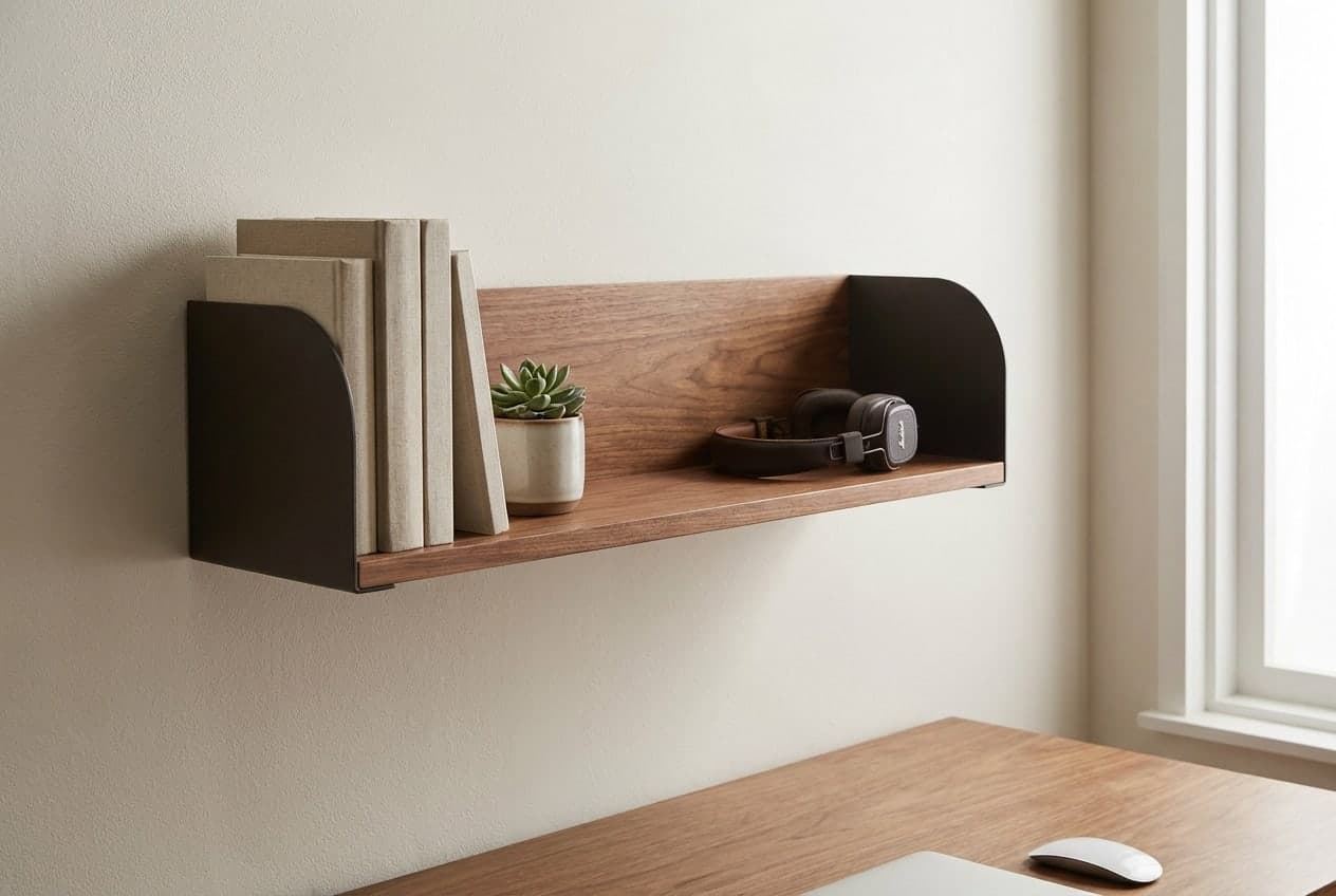 Minimal walnut Grovemade wall shelf with cork-and-aluminum bookend brackets mounted above a clean desk, no visible fasteners