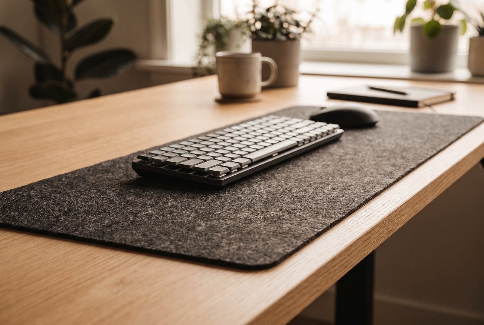 Dark grey Grovemade wool felt desk pad covering a wood desk under a keyboard and mouse in a warm home office
