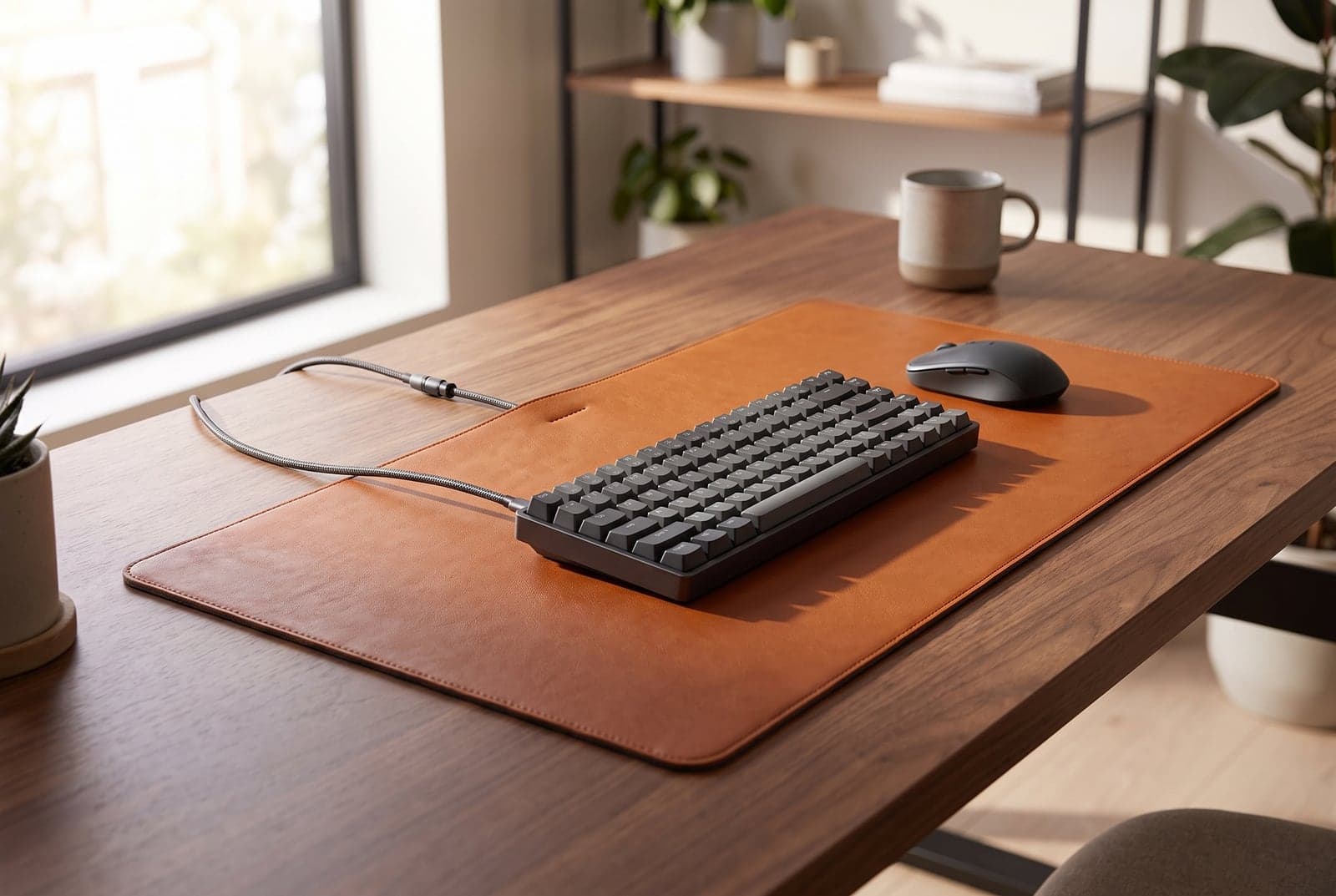 Tan full-grain leather Harber London desk mat with a cable slot on a wood desk beside a keyboard in a minimalist office