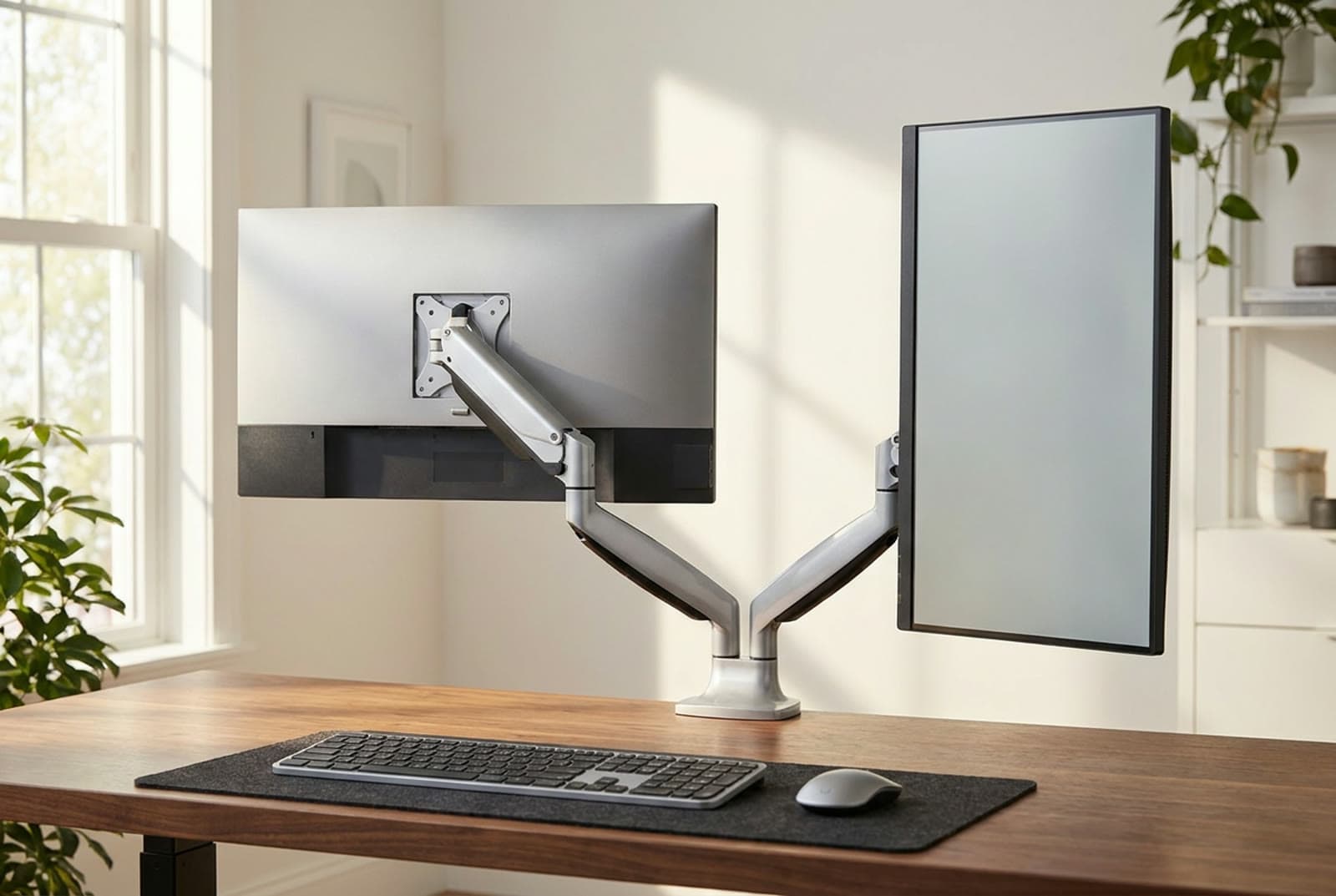Jarvis dual monitor arm in silver holding two screens, one landscape and one rotated to portrait