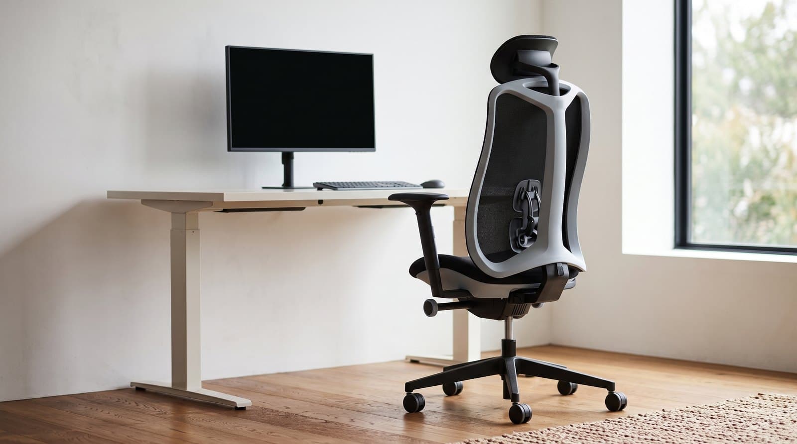 A grey-framed ergonomic gaming chair with a black suspension mesh backrest, sculpted exoskeleton frame and adjustable headrest, on a hardwood floor beside a bright home-office desk with a monitor and keyboard