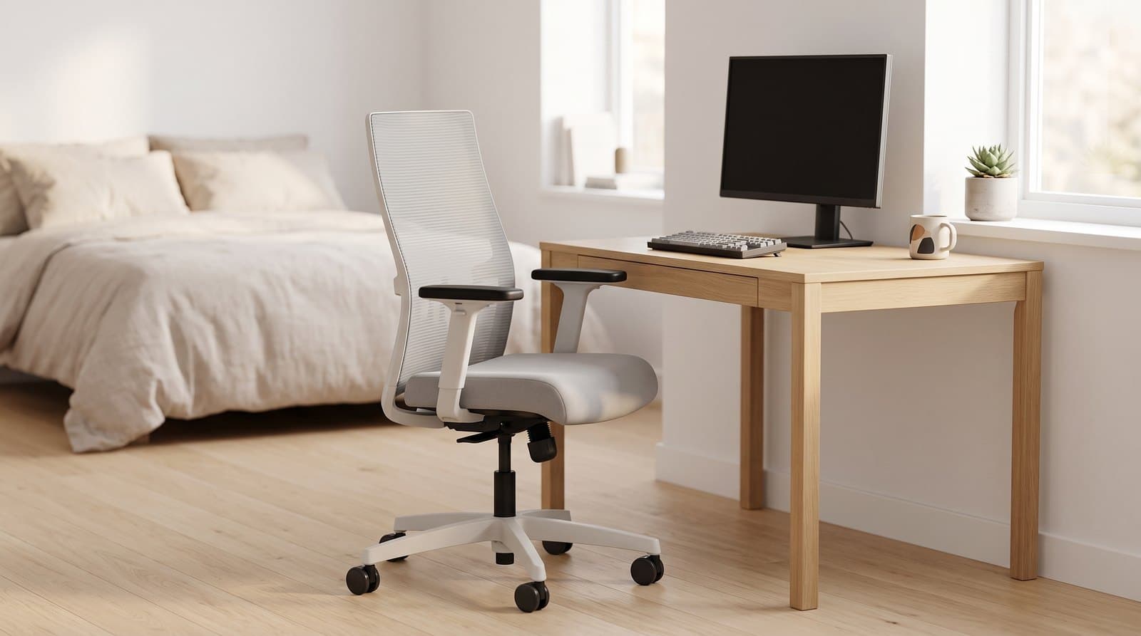 HON Ignition 2.0 mid-back task chair with a light grey stretch-mesh back, pale titanium frame, grey upholstered seat and black arm pads, at a home-office desk