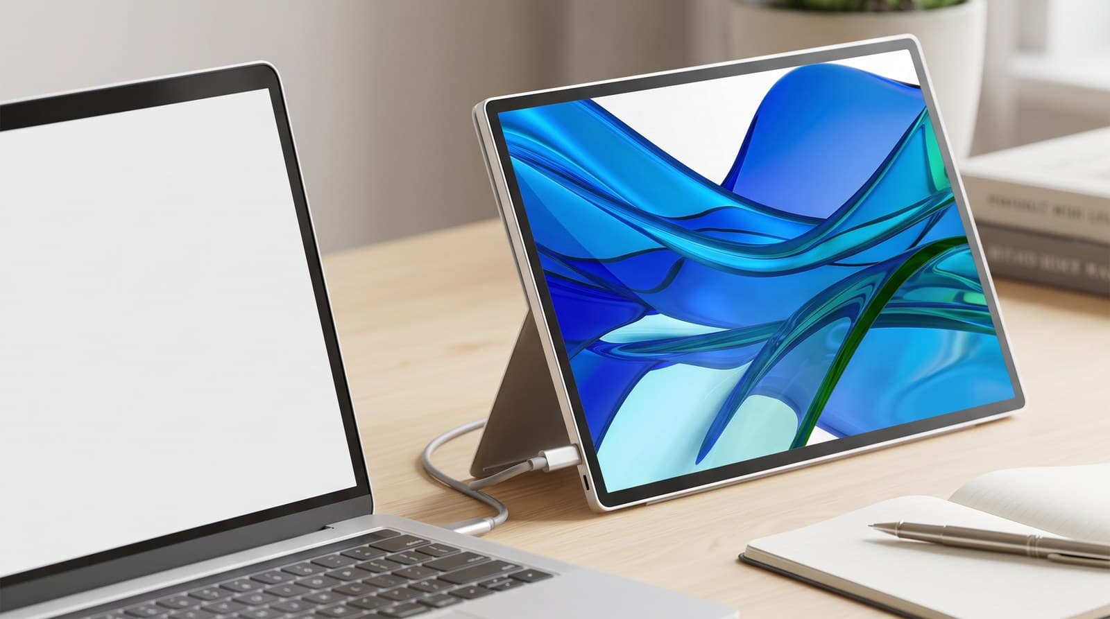 Compact aluminium 14-inch portable monitor with a built-in kickstand angled beside a laptop on a tidy home-office desk